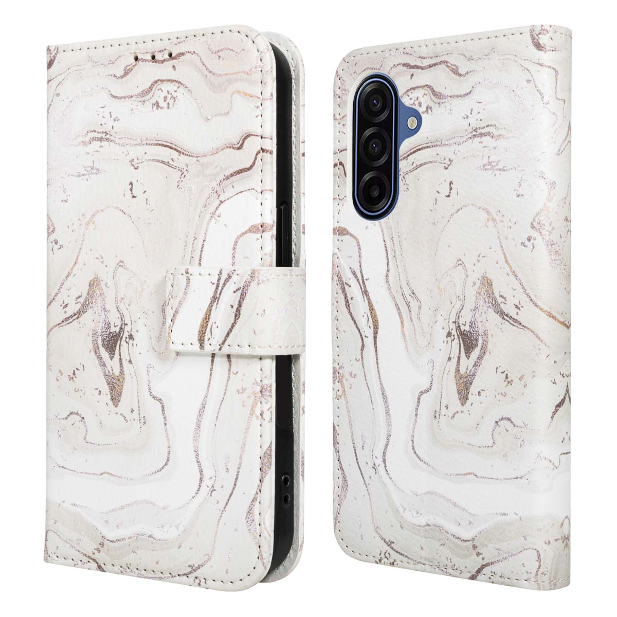Witte telefoonhoes met marmerpatroon, open en dicht. Voorzien van een magnetische sluiting en camera-uitsparingen.
