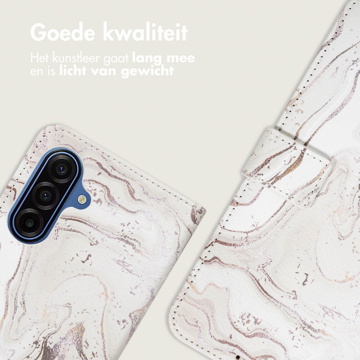 Witte en gouden marmeren telefoonhoes. De telefoonhoes heeft een blauwe camerabalk. Tekst luidt: Goede kwaliteit, en het leer is licht.