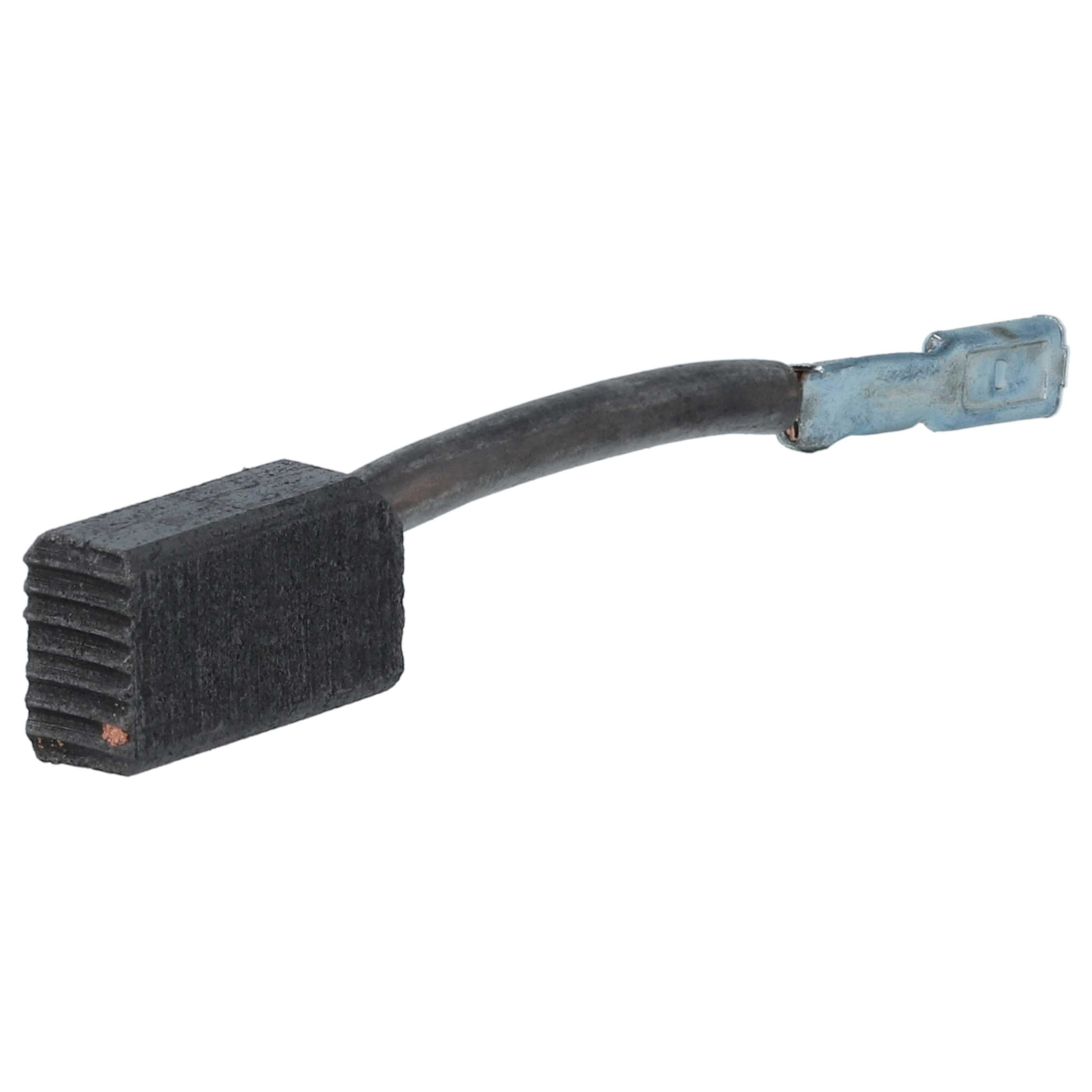 Ein schwarzer rechteckiger Kohlebürsten mit einem gebogenen grauen Kabel und einem metallischen Stecker auf weißem Grund.