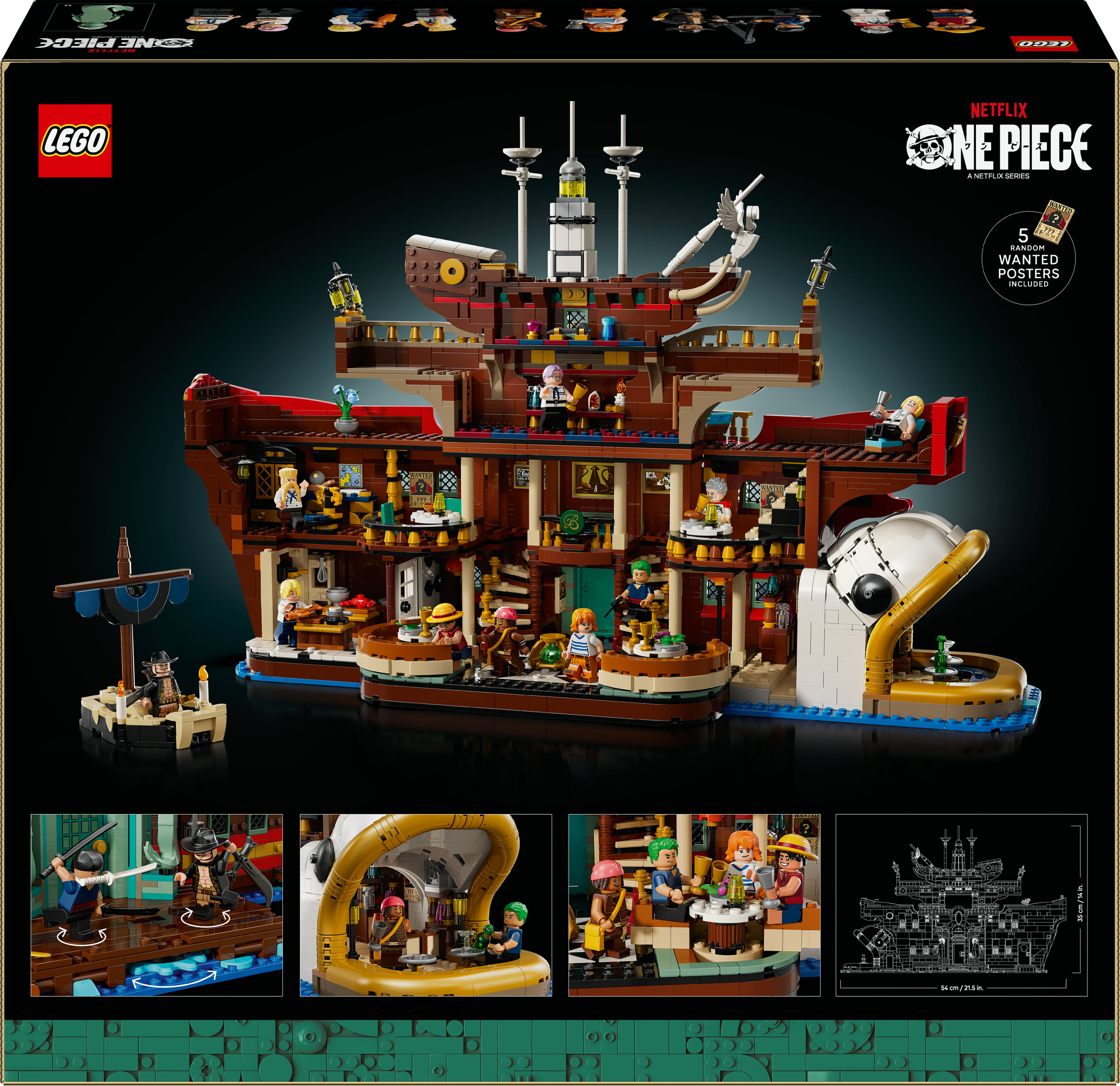 Zestaw Lego statku Thousand Sunny z One Piece. Pokazano wiele scen, z postaciami Lego i detalami statku.