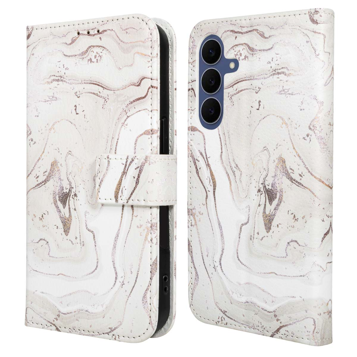 Een witte marmeren telefoonhoes, open, met de telefoon en de binnenhoes. De hoes heeft een magnetische sluiting en een uitsparing voor de camera.