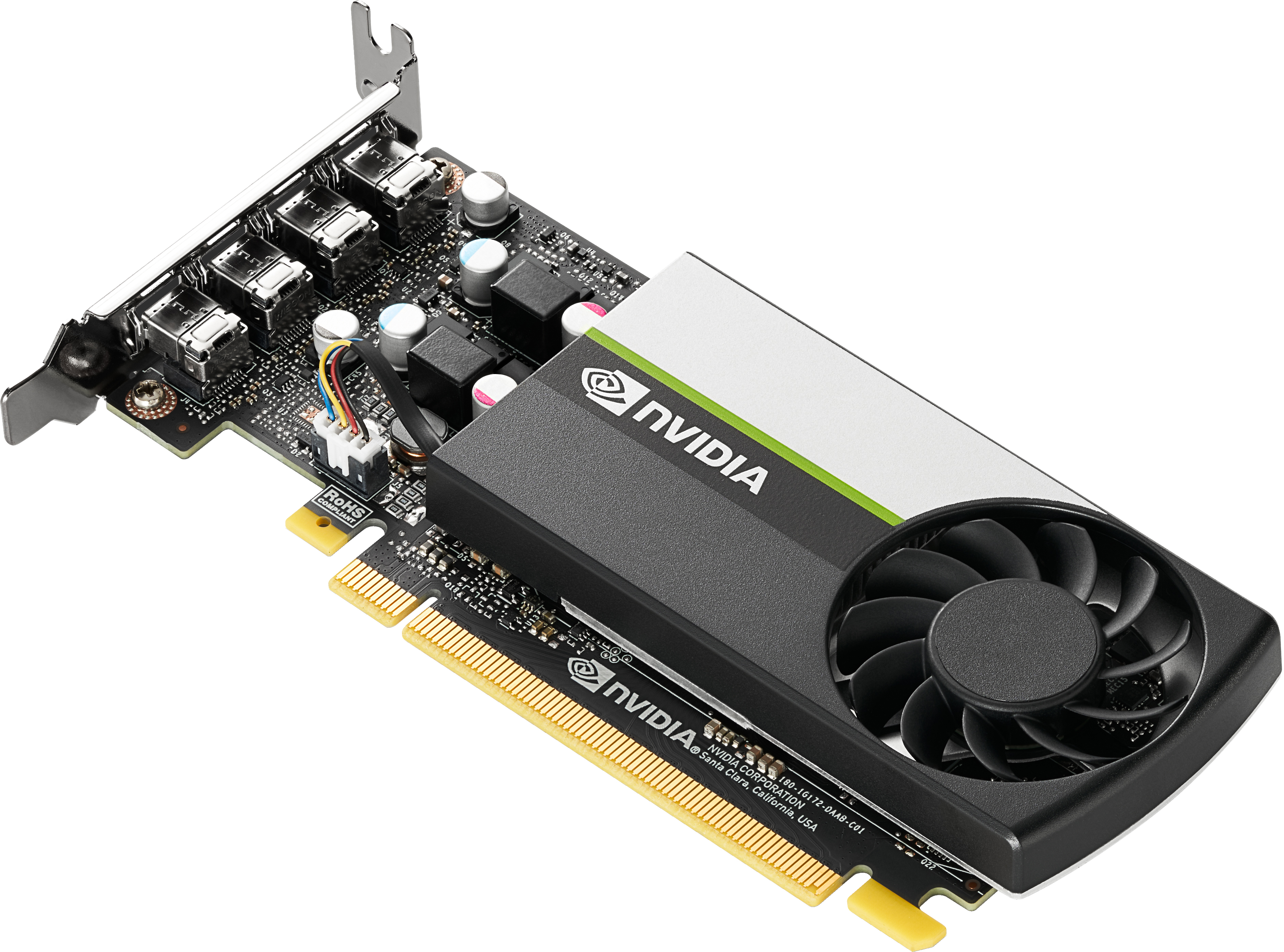 Una scheda grafica NVIDIA nera e argento con una ventola. La scheda ha un connettore dorato e si trova su sfondo bianco.