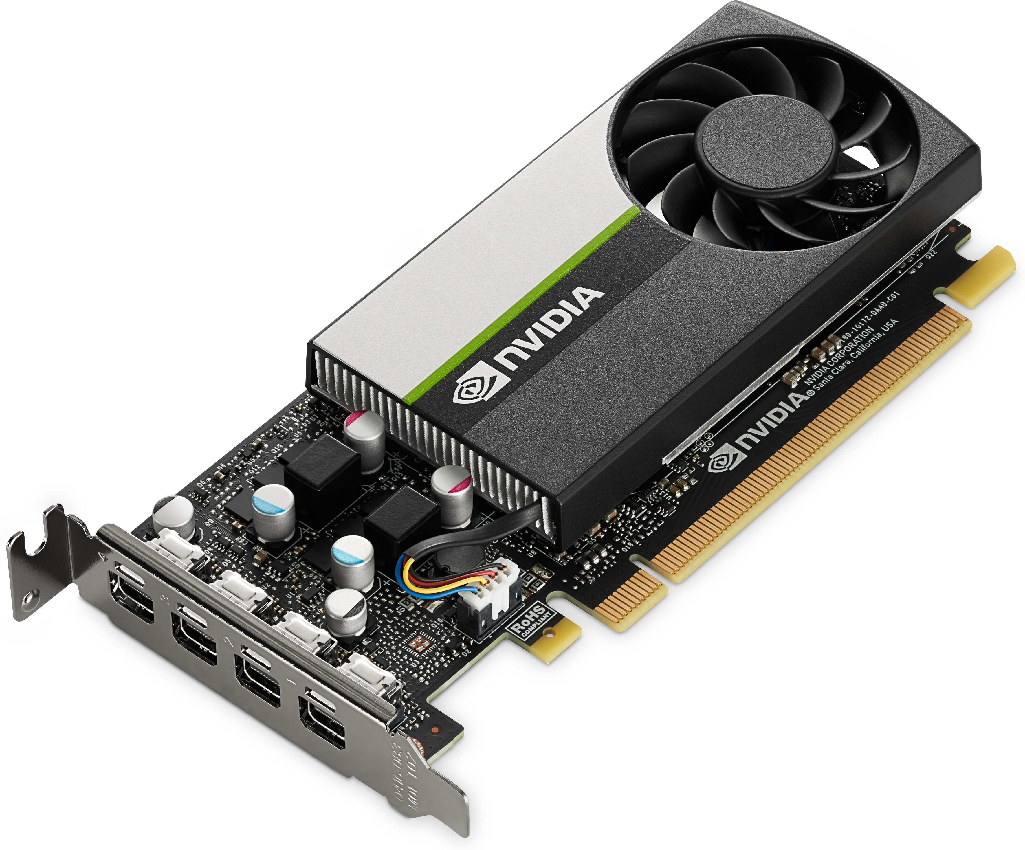 Vista dall'alto di una scheda grafica NVIDIA. Presenta una ventola nera, un alloggiamento argentato e nero e varie porte.