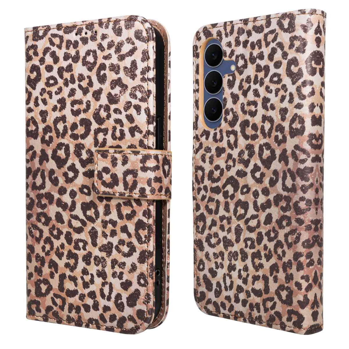 Une coque de téléphone avec un imprimé léopard. L'étui est marron et beige. Il possède une fermeture magnétique.