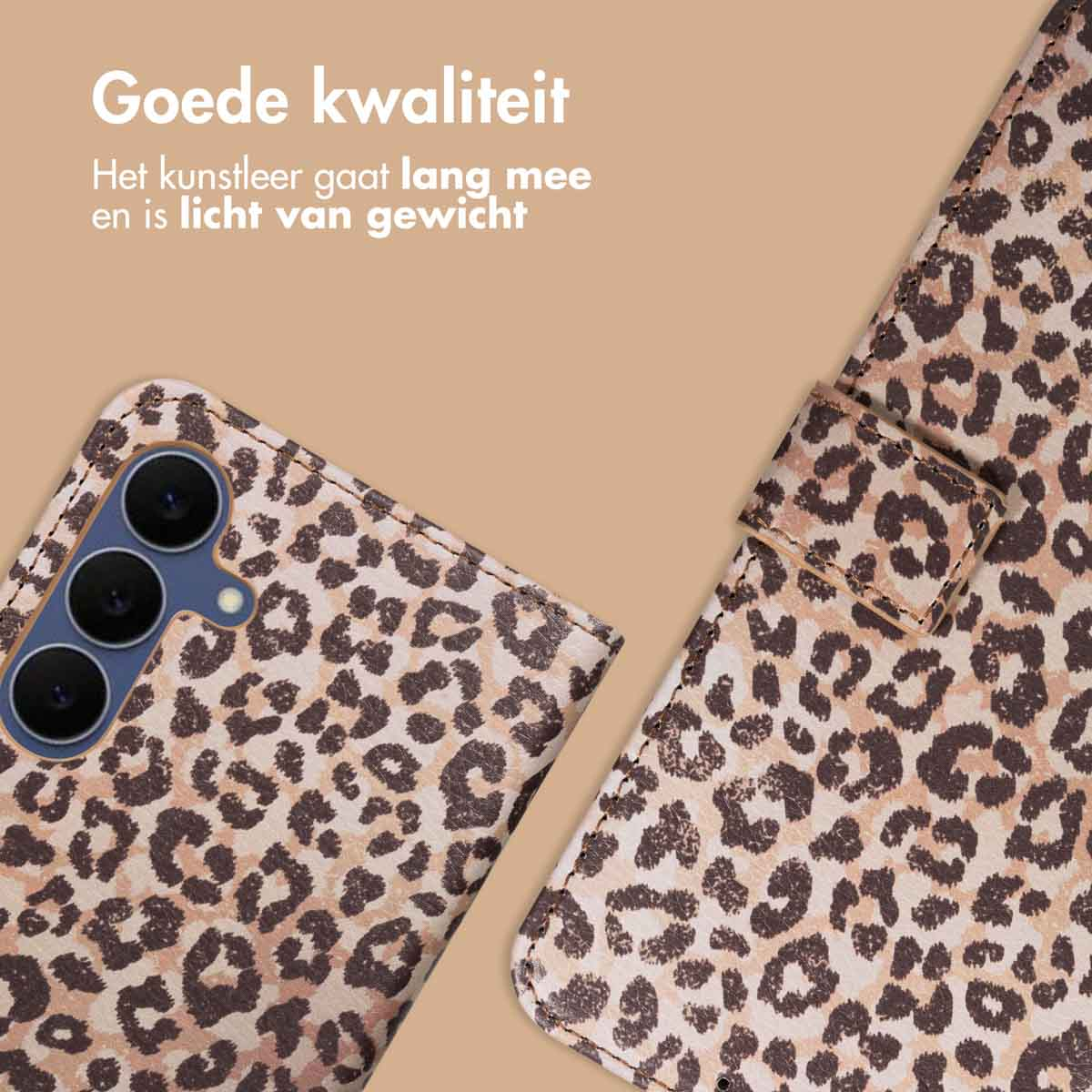 Une coque de téléphone avec un motif léopard. Il a une palette de couleurs marron et beige. Le texte ci-dessus dit 'Bonne qualité'.