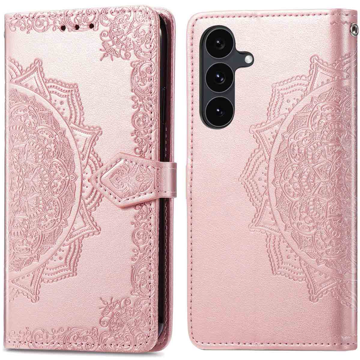 Roze telefoonhoesje met mandala-ontwerp en klepsluiting. De hoes heeft een telefooncamera en decoratieve patronen.