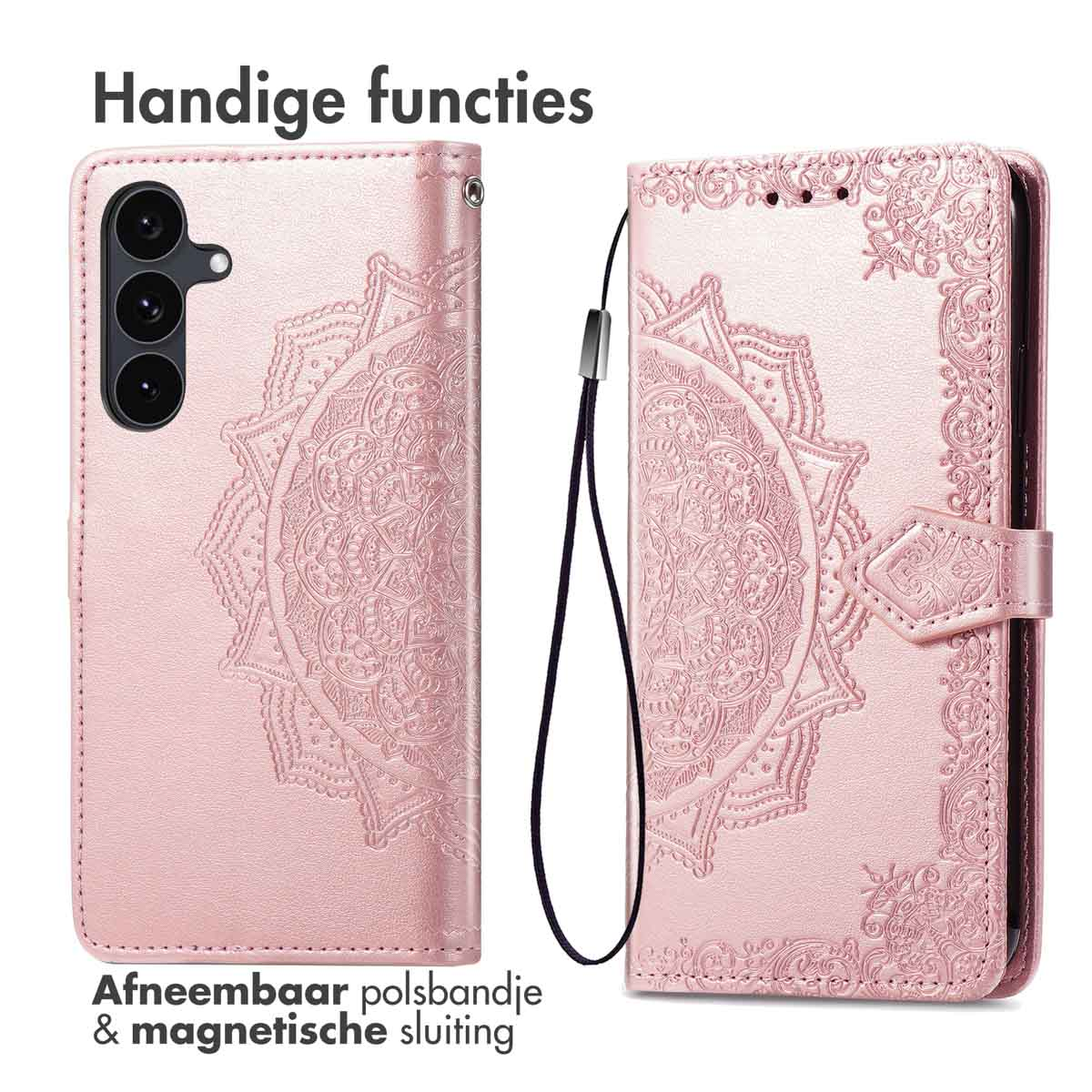 Een roze telefoonhoesje met een mandala-ontwerp. Het heeft een afneembare polsband en magnetische sluiting. De telefoon heeft drie camera's.