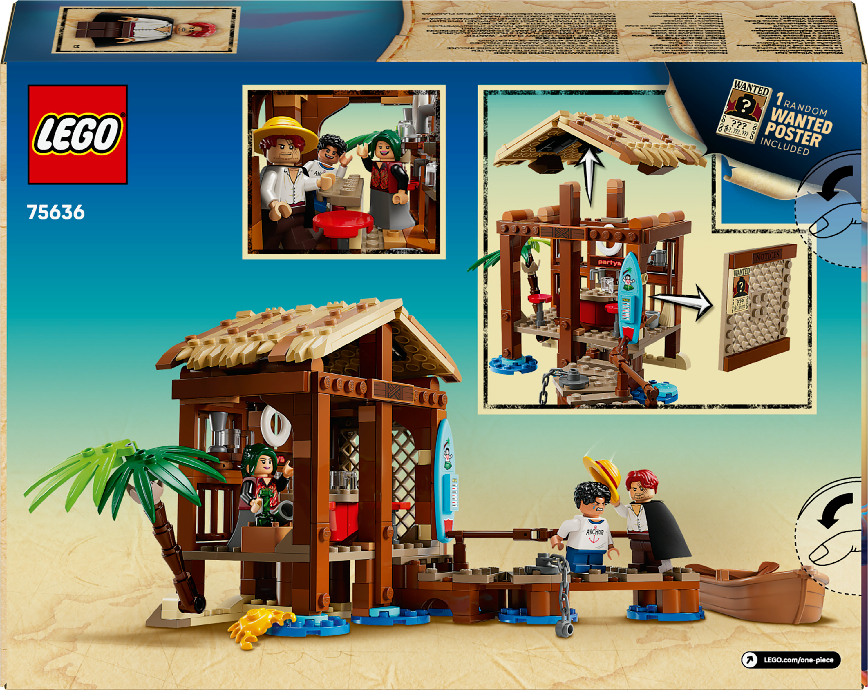 LEGO seti, minik figürler, bir tekne, bir palmiye ağacı ve bir aranıyor afişi ile bir plaj barı sahnesi tasvir ediyor.