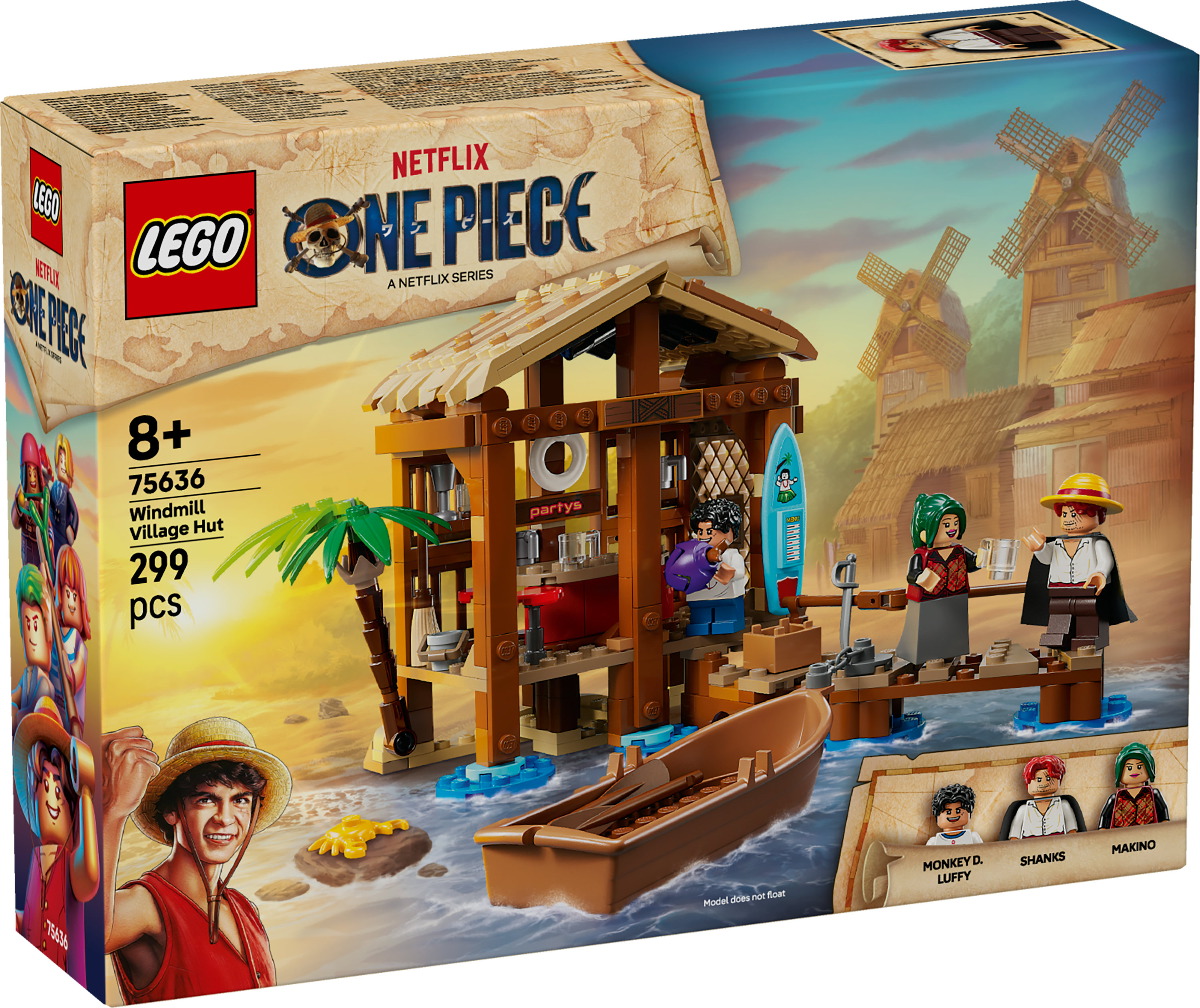 Lego set kutusu, One Piece teması. Karakterler ve bir tekne ile sahilde bir kulübe gösteriyor. Arka planda yel değirmenleri var.