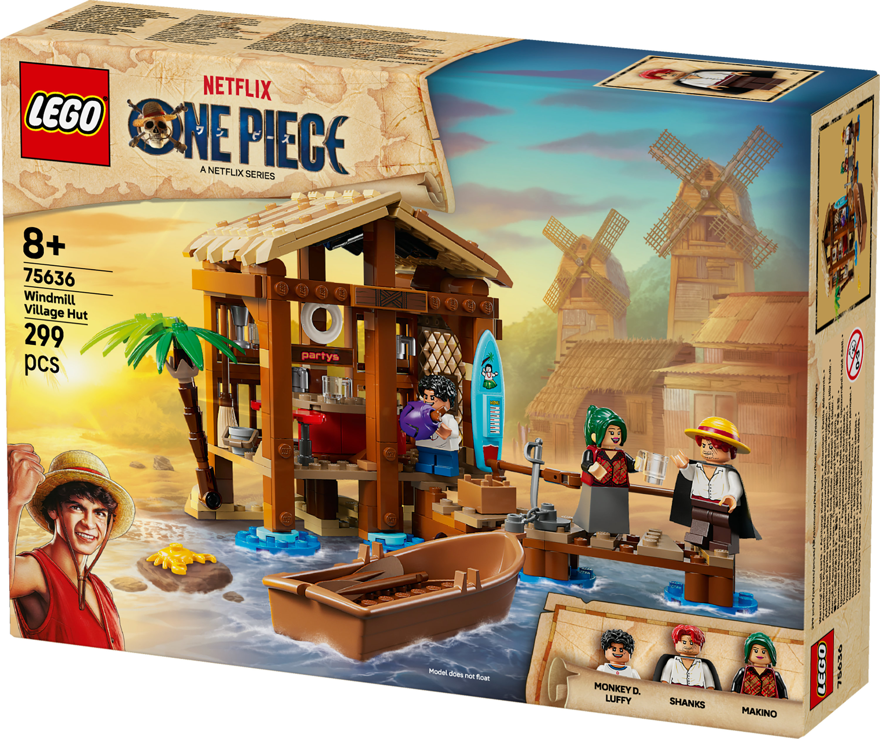 Lego set kutusu: Windmill Village Hut. Lego figürleri, bir kulübe, bir tekne ve arka planda yel değirmenleri içerir.