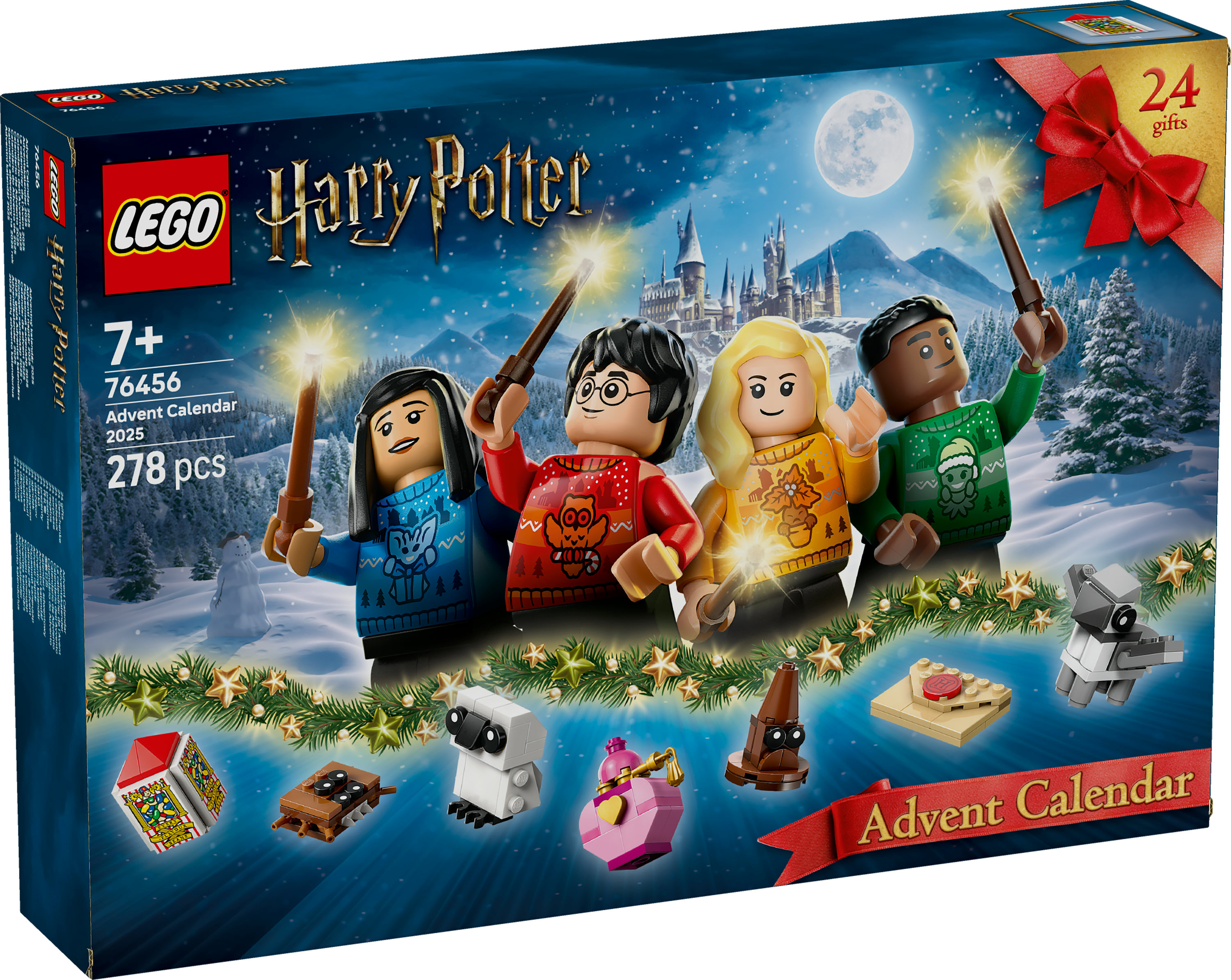 Scatola del calendario dell'Avvento Lego Harry Potter. Presenta personaggi con bacchette, uno sfondo di Hogwarts illuminato dalla luna e piccole costruzioni Lego.