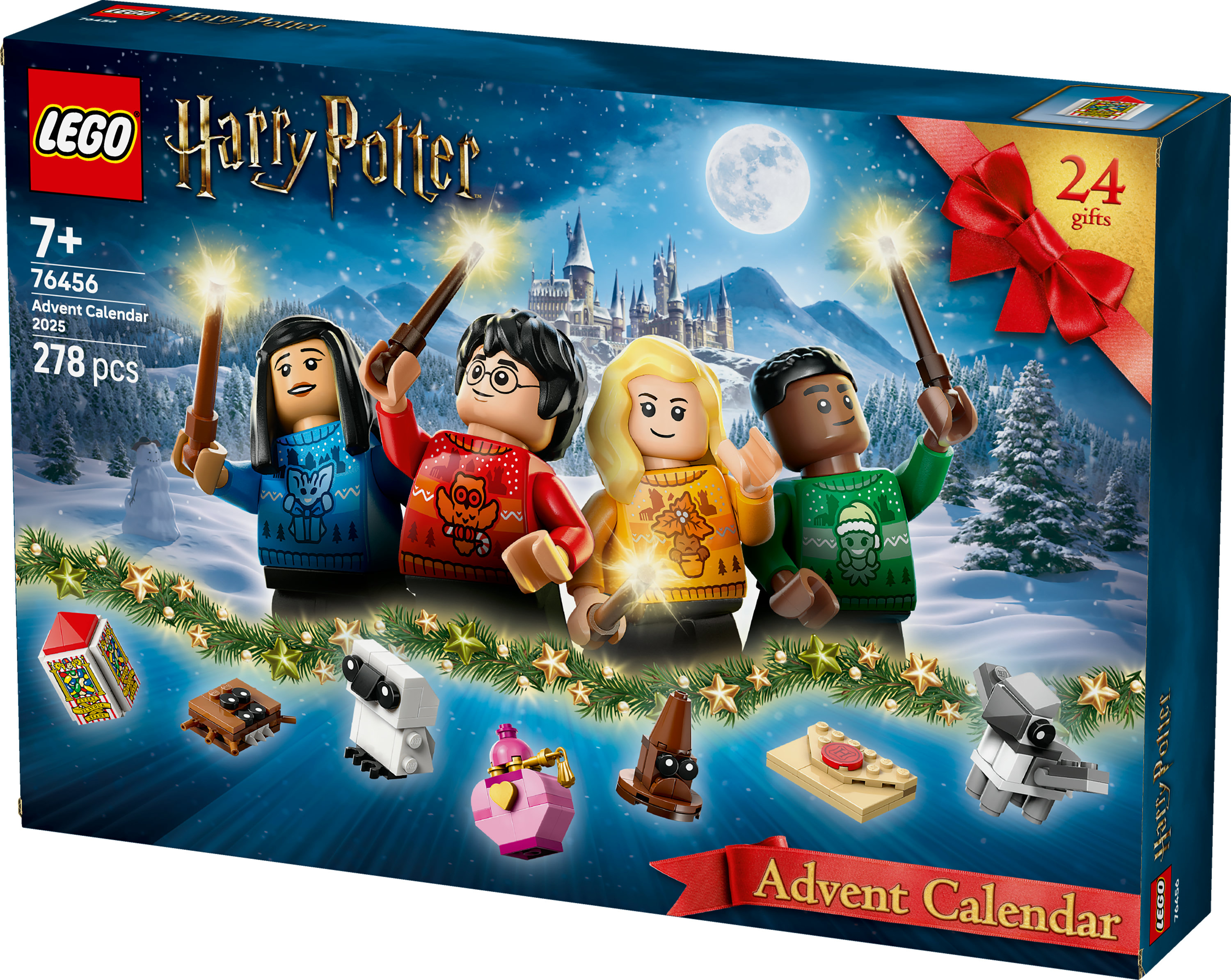 Scatola del calendario dell'Avvento LEGO Harry Potter. Sono presenti quattro minifigure e varie piccole costruzioni. Lo sfondo mostra una scena innevata.