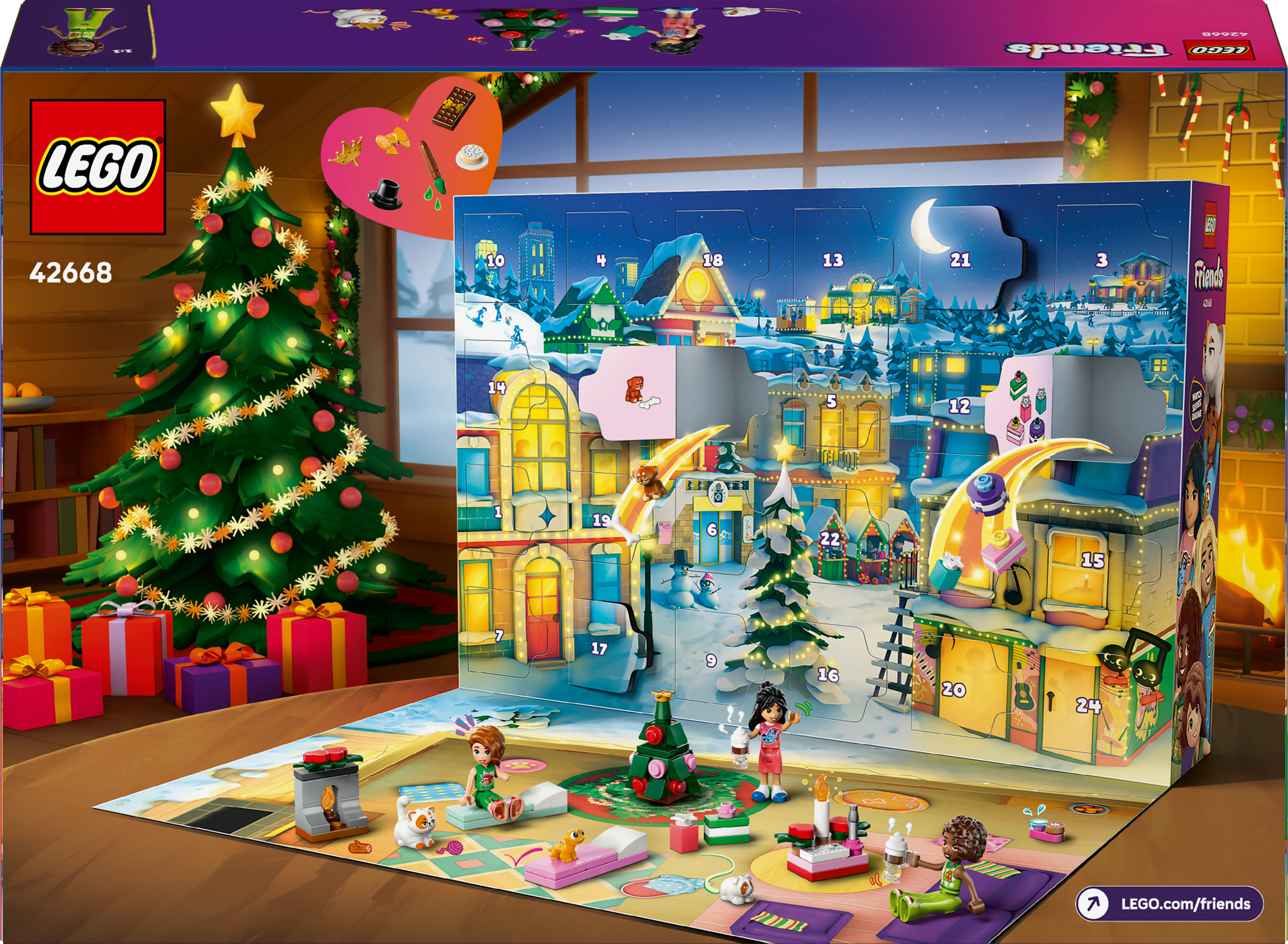 Een LEGO Friends adventskalender. Bevat een kerstboom, cadeaus en miniatuurscènes van een besneeuwde stad.