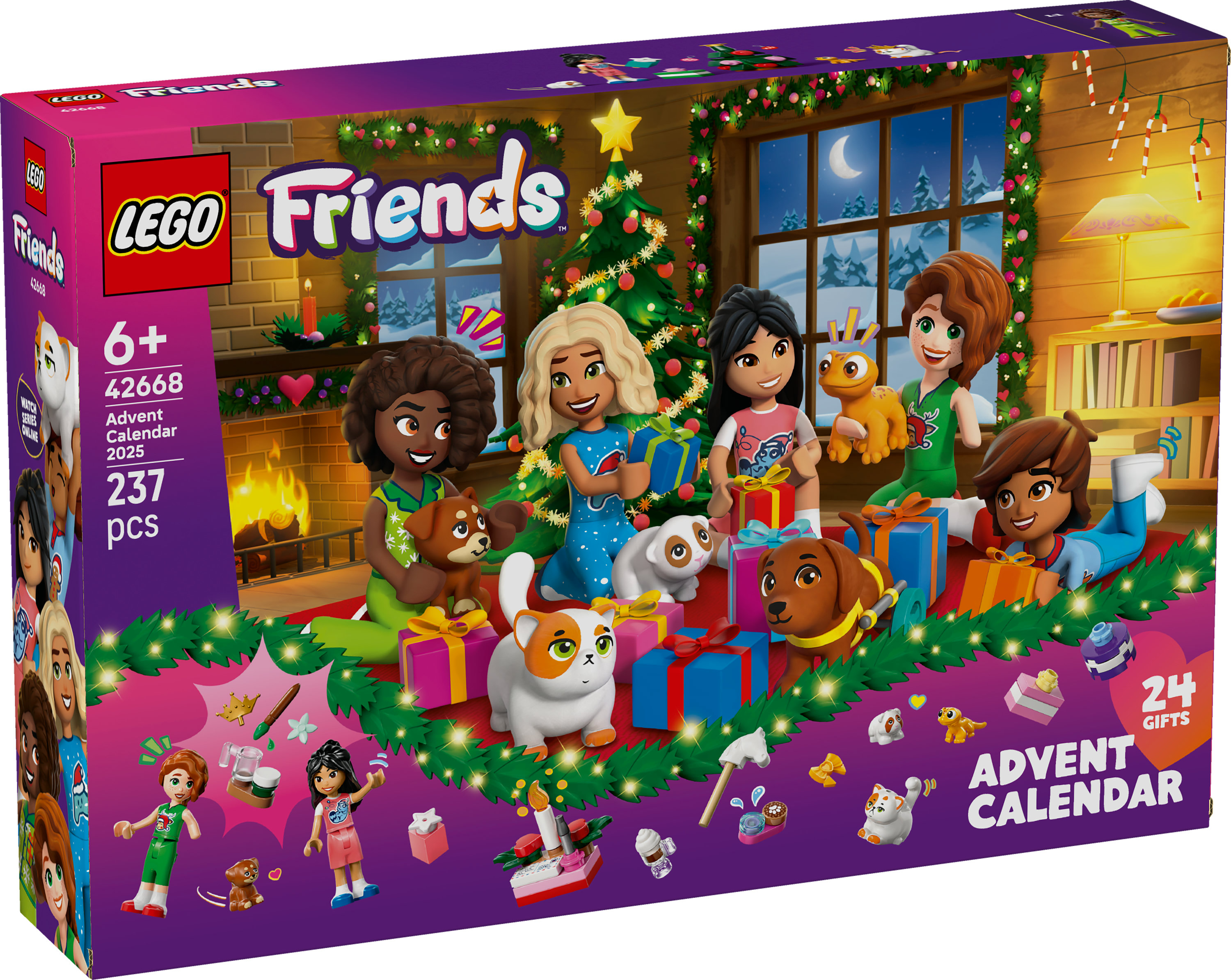 LEGO Friends adventskalenderdoos met figuren, huisdieren, cadeaus en kerstboom, tegen een gezellige kamerachtergrond.