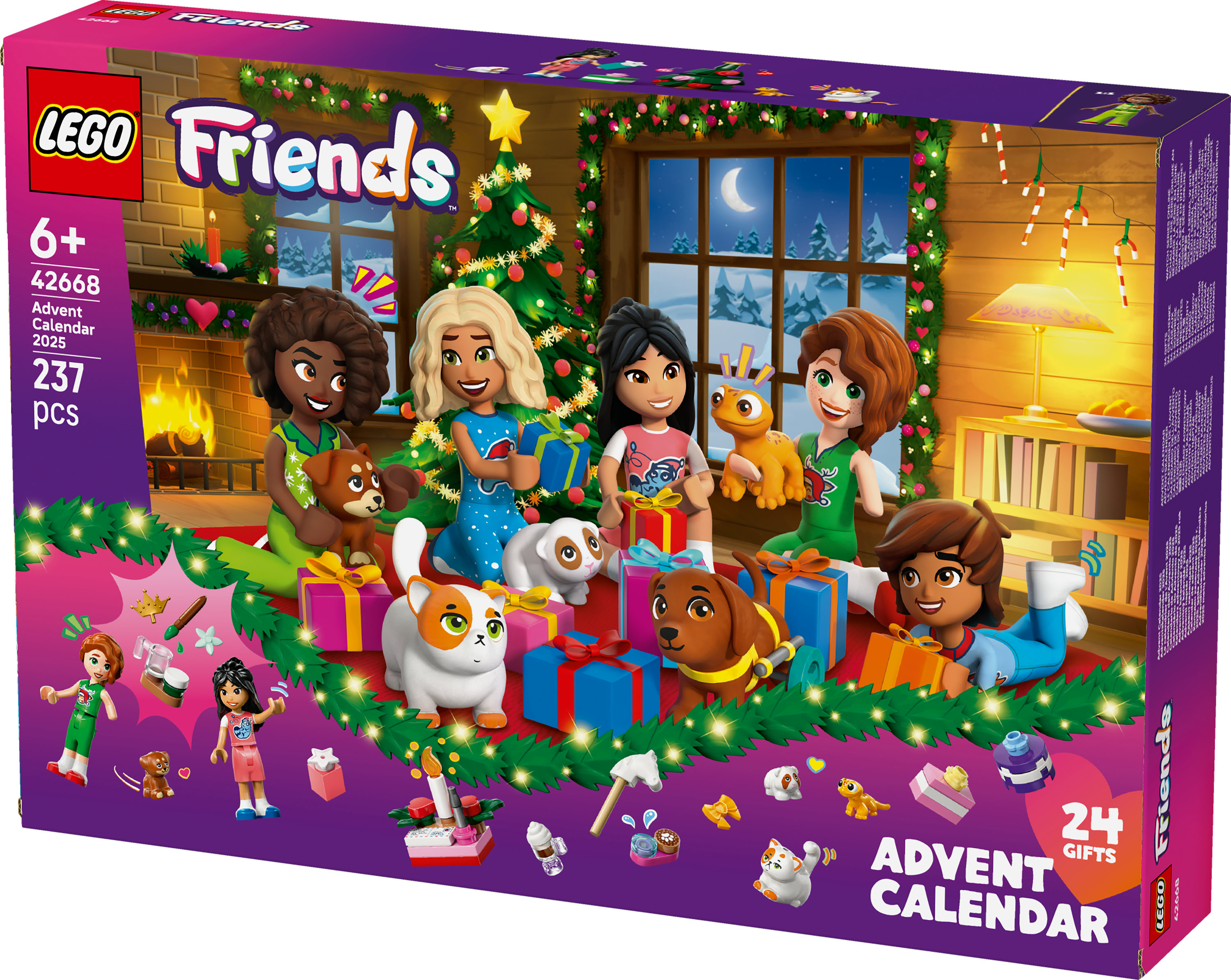 LEGO Friends Adventskalender doos. Met personages, cadeaus, kerstboom, maanvenster en een open haard.