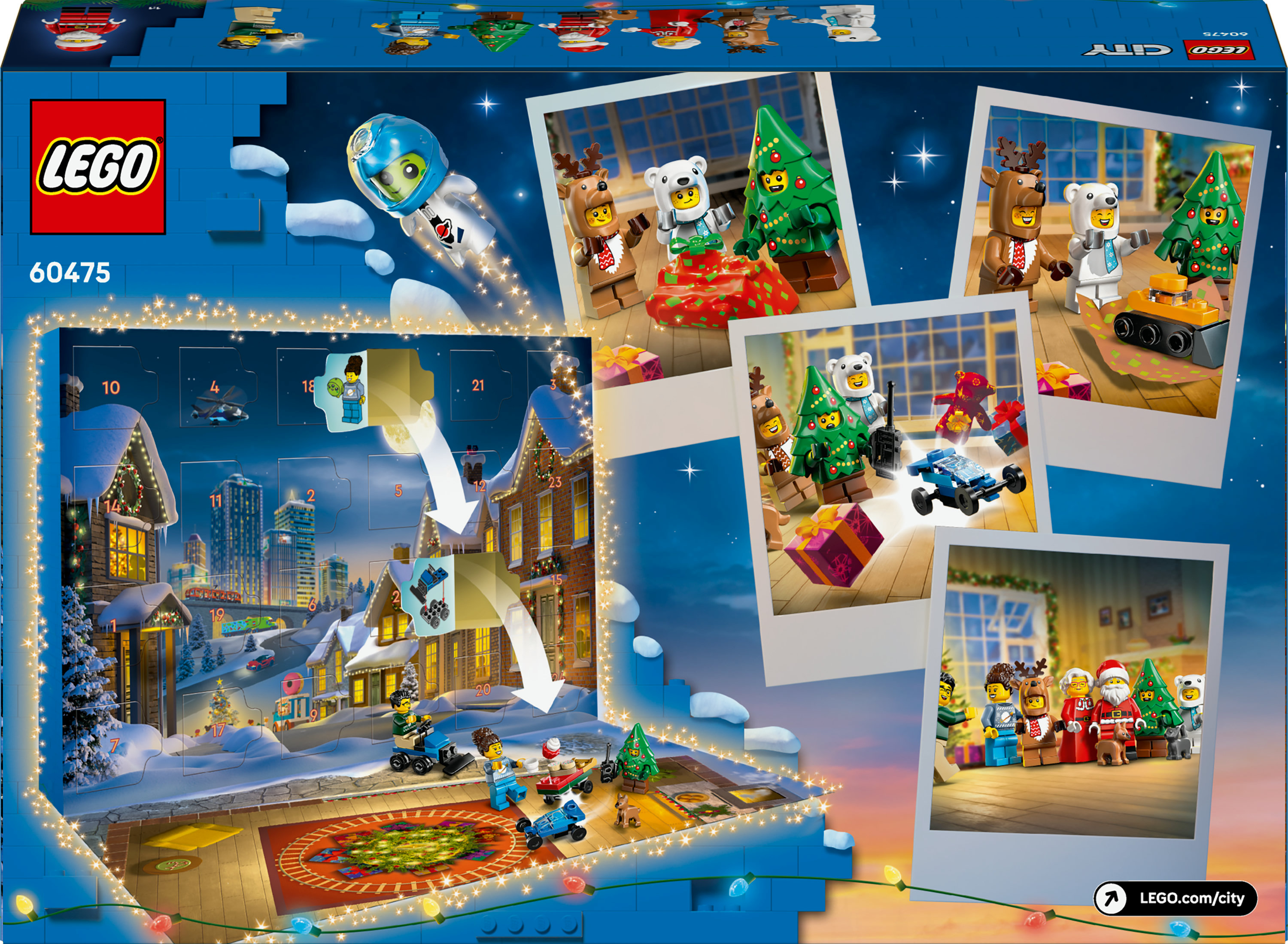 Calendario de Adviento Lego con varias figuras y escenas de Lego con temática navideña, incluyendo un fondo de ciudad.