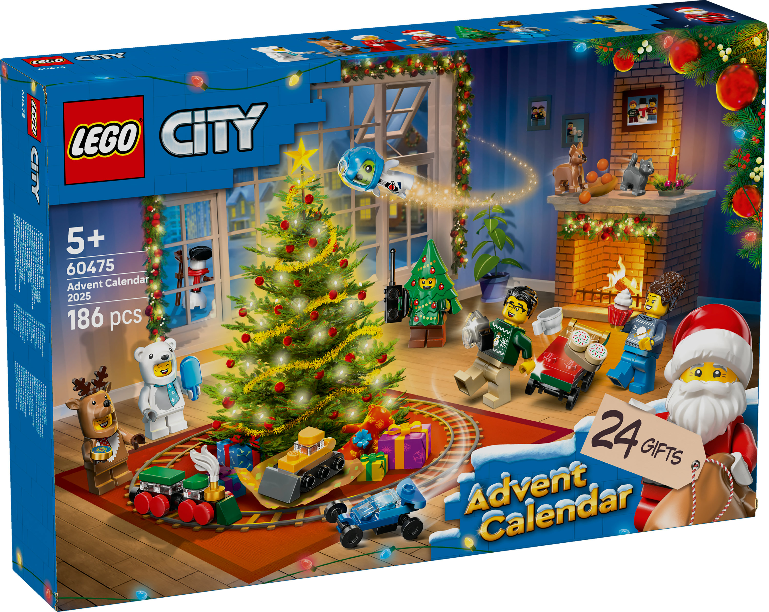 Una caja de calendario de adviento de Lego City con temática navideña. Presenta varias figuras de Lego, un árbol de Navidad y Papá Noel.
