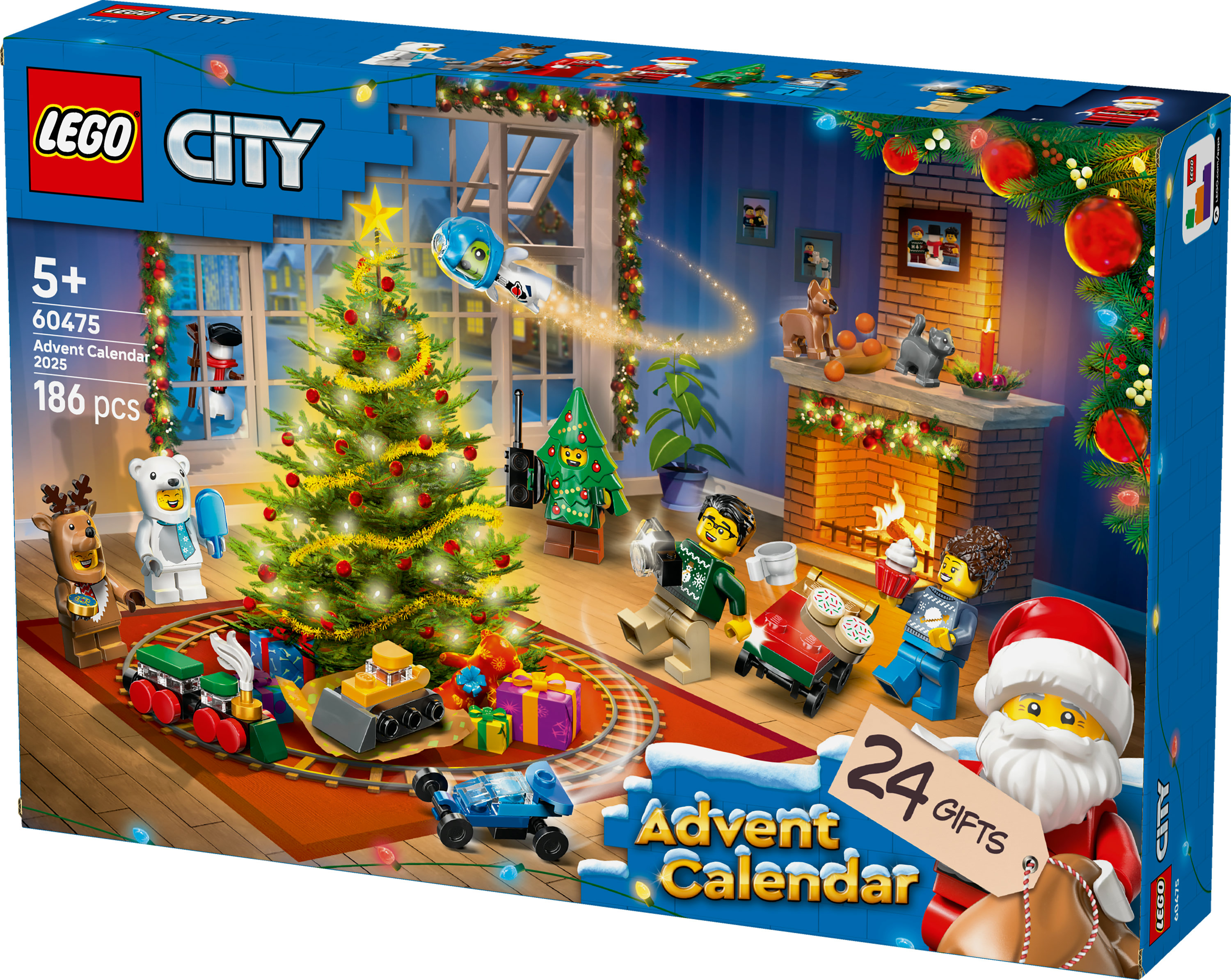 Caja del calendario de Adviento Lego City. Escena festiva con árbol de Navidad, chimenea y Papá Noel. Varias figuras y regalos de Lego están presentes.
