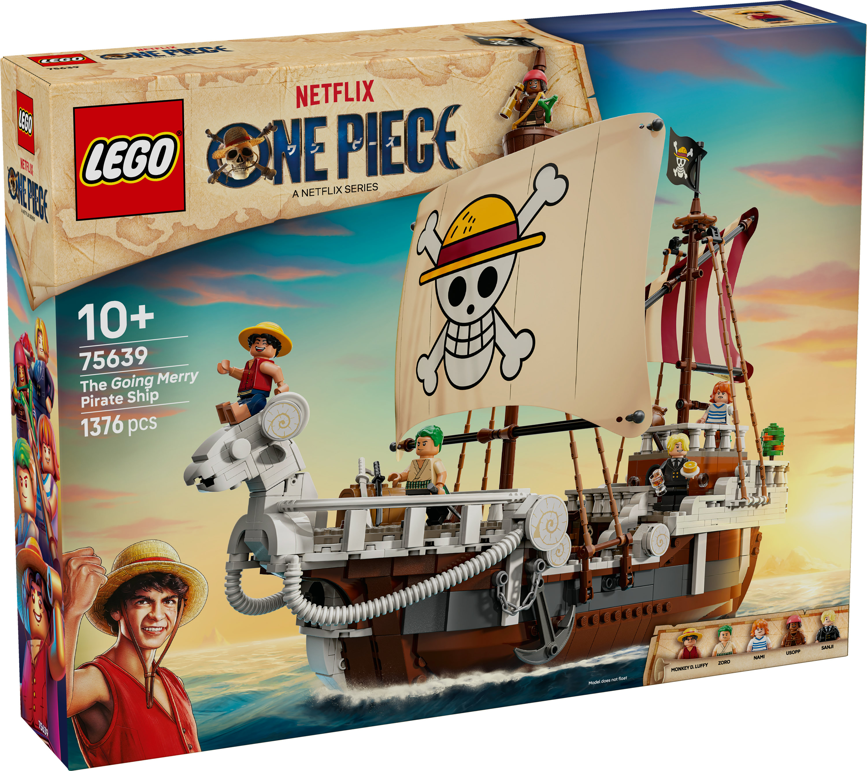 Pudełko zestawu LEGO One Piece. Przedstawia statek piracki Going Merry z minifigurkami. Kolorowe pudełko z postaciami i logo Netflix.