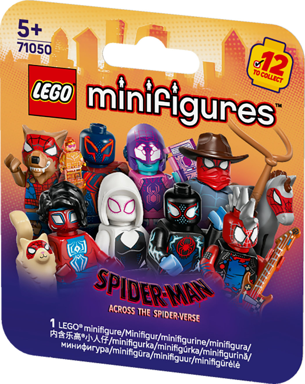 Un pacchetto LEGO Minifigures presenta personaggi di Spider-Man, tra cui un lupo, vari Spider-Man e altri. Il pacchetto recita "Across The Spider-Verse".