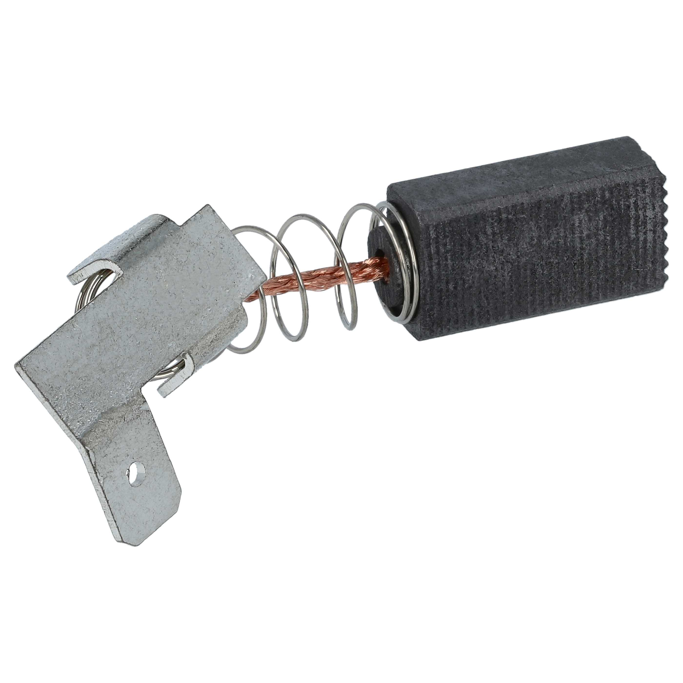 Ein Kohlebürsten mit Metallhalter, Feder und Kupferdraht, vor weißem Hintergrund.