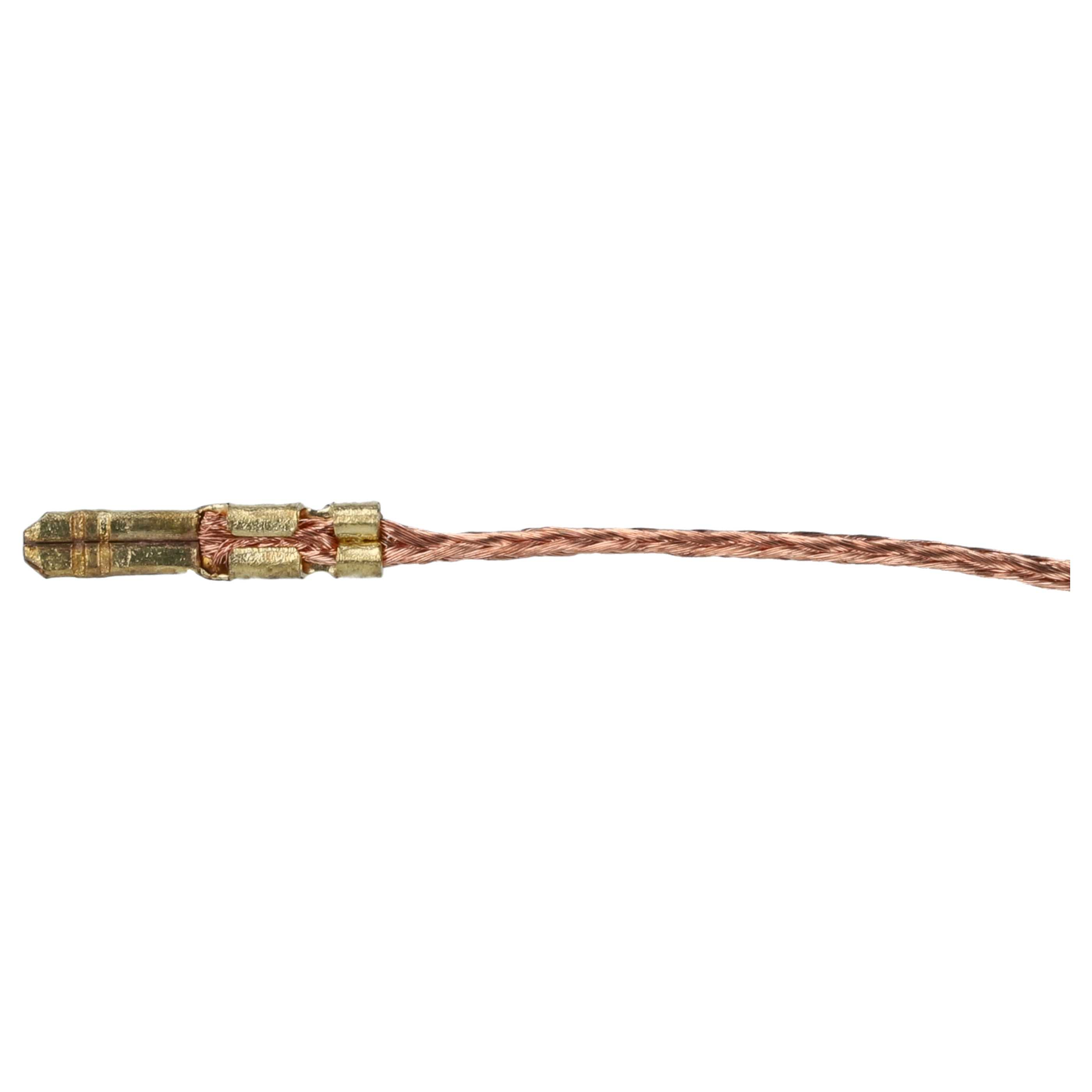 Ein Kupferdraht mit einem goldenen Stecker links, der sich vor weißem Hintergrund nach rechts erstreckt.