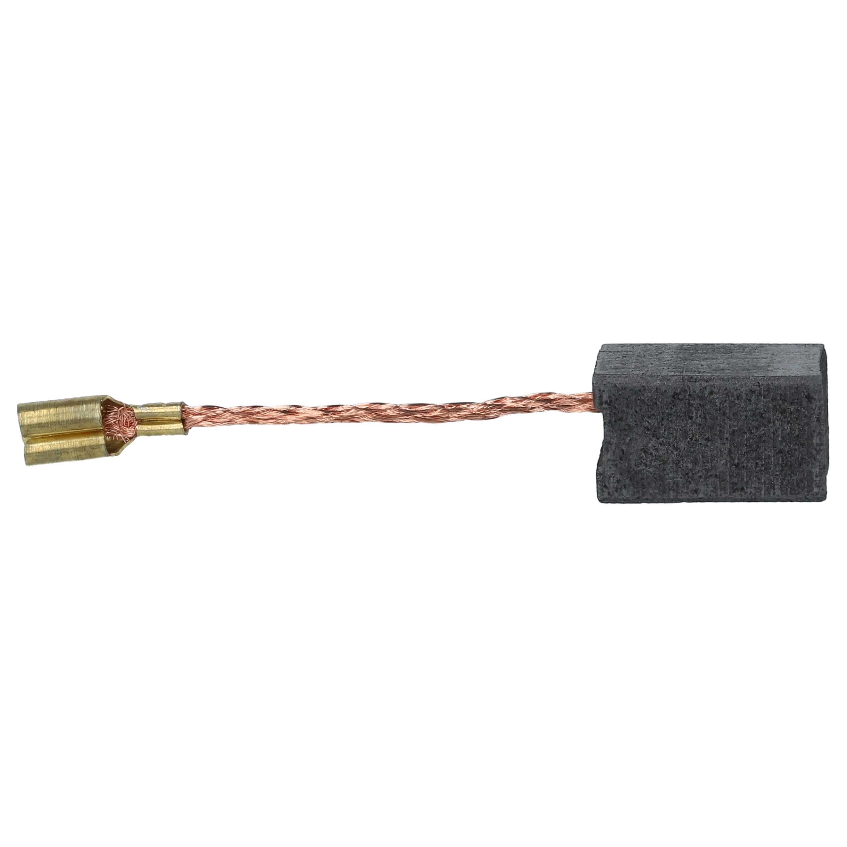 Eine schwarze Kohlebürste mit Kupferdraht und einem goldfarbenen Stecker am Ende, vor weißem Hintergrund.