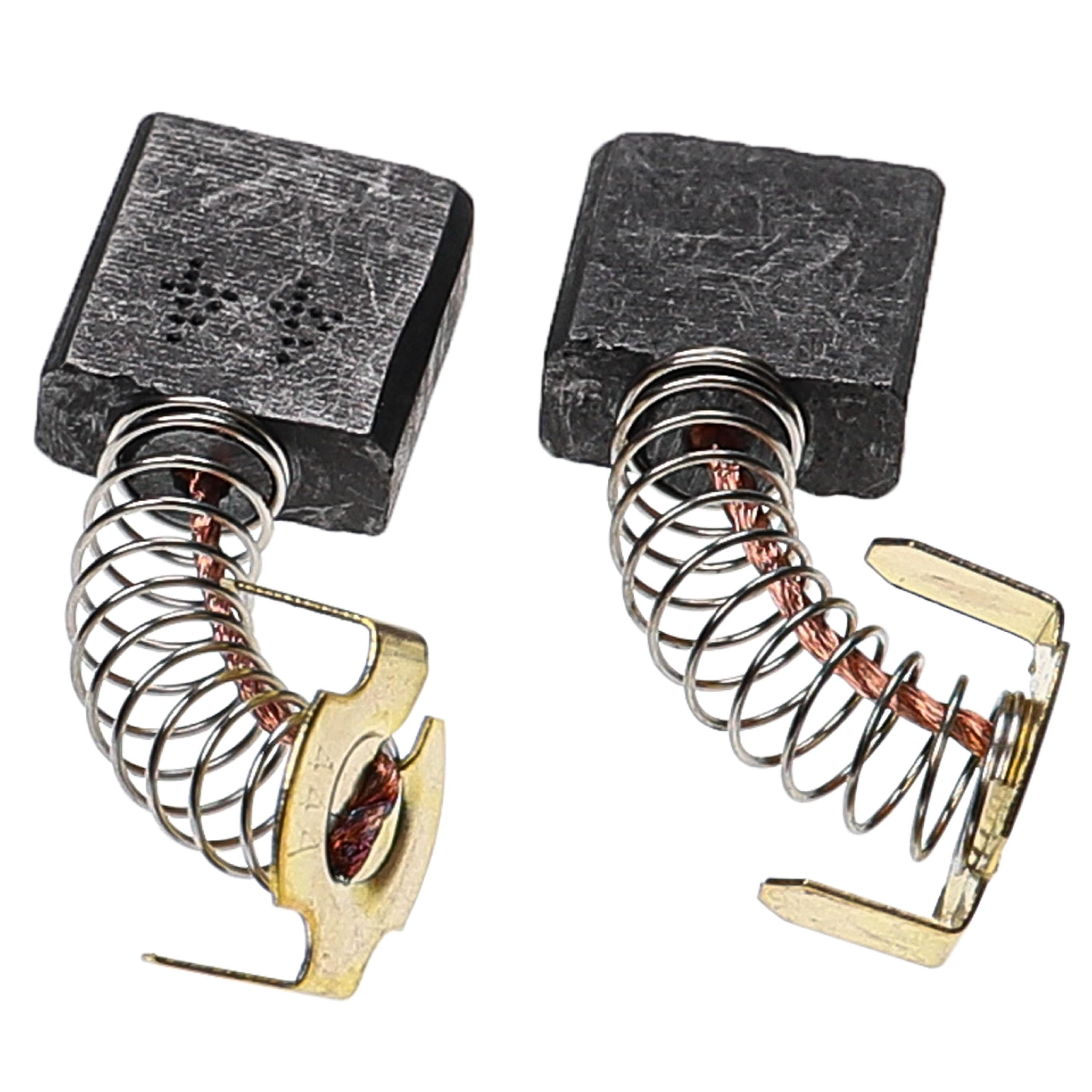 Zwei Kohlebürsten mit Federn. Jede hat einen rechteckigen Kohleblock, eine Spiralfeder und ein Metallkontaktstück.