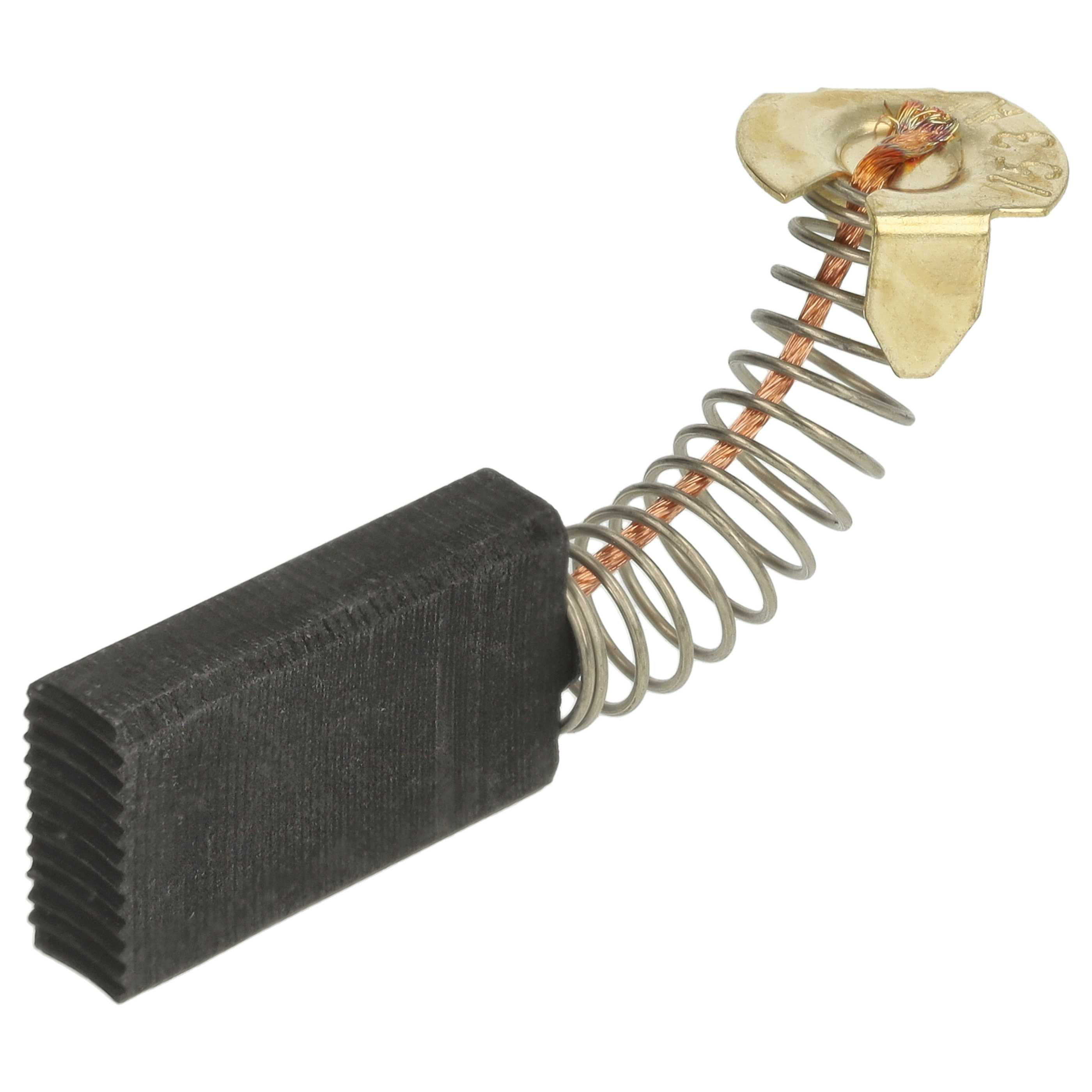 Ein Kohlebürsten mit Feder und Stecker. Die Bürste ist schwarz, die Feder silber und der Stecker gold.