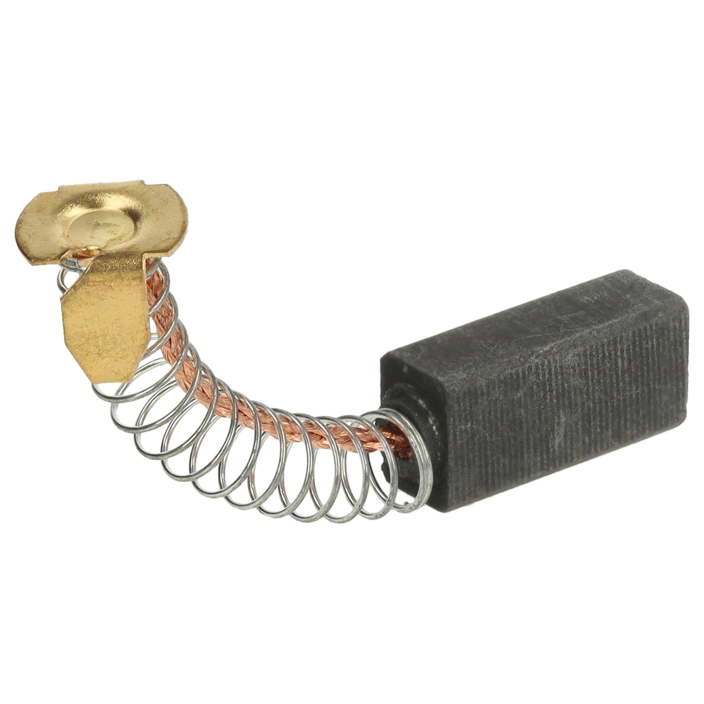 Ein Kohlebürstenmotor. Es hat einen Messingkontakt, eine Kupferspirale und einen rechteckigen Kohleblock.