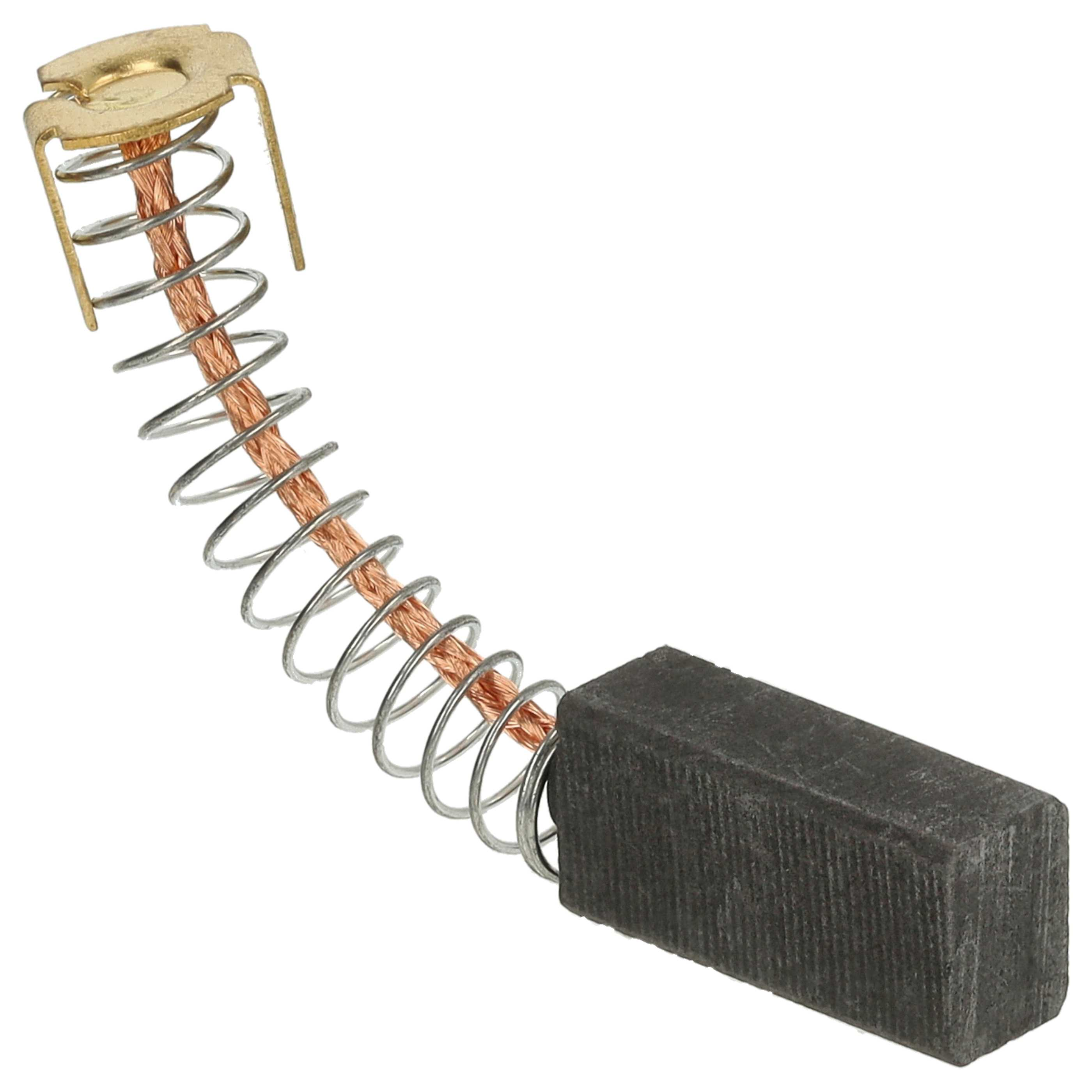 Ein Kohlebürste mit Feder und Kupferdraht sowie einer Metallhalterung auf weißem Hintergrund.