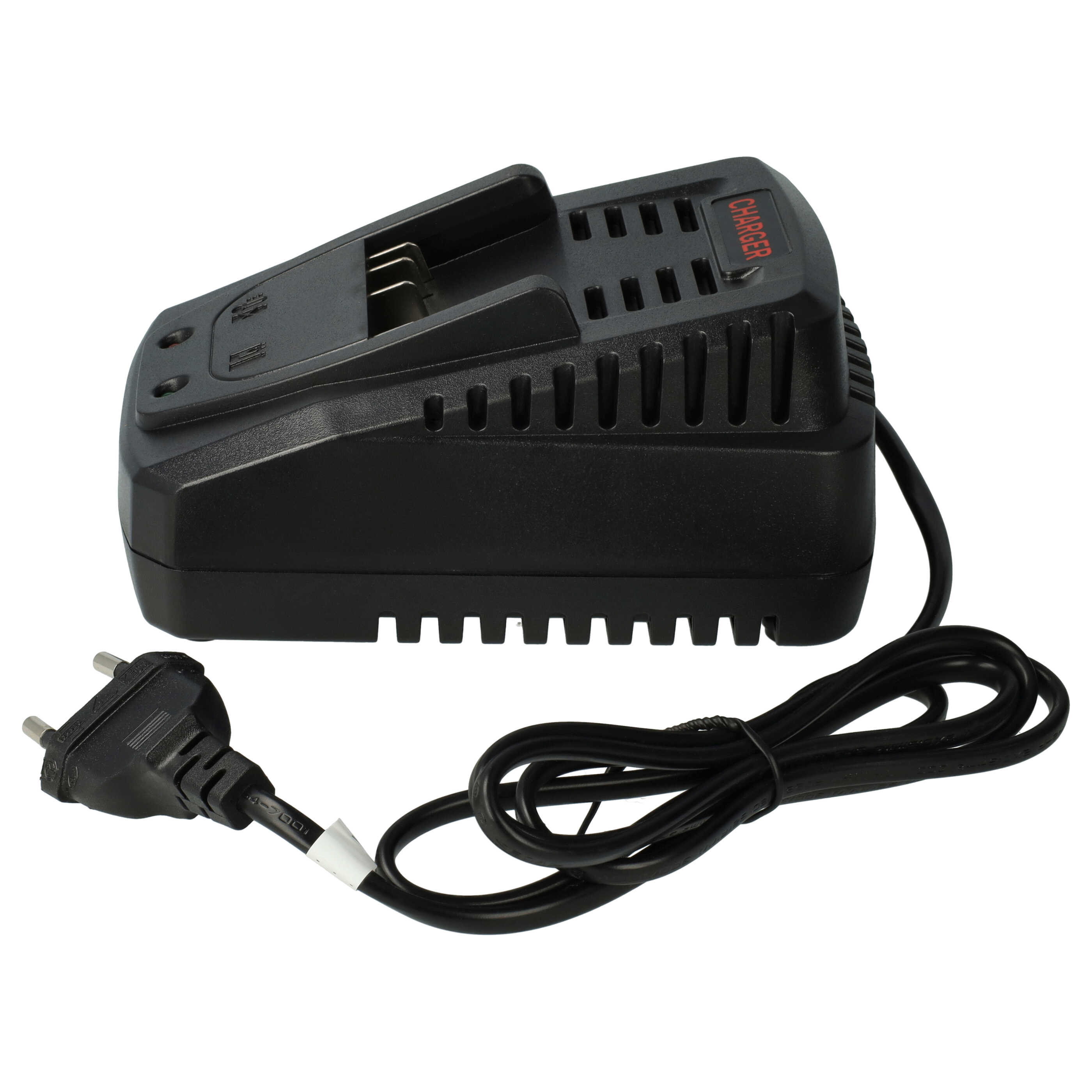 Ein schwarzes Ladegerät mit Netzkabel und Stecker, isoliert auf weißem Hintergrund. Auf dem Ladegerät steht das Wort 'CHARGER'.
