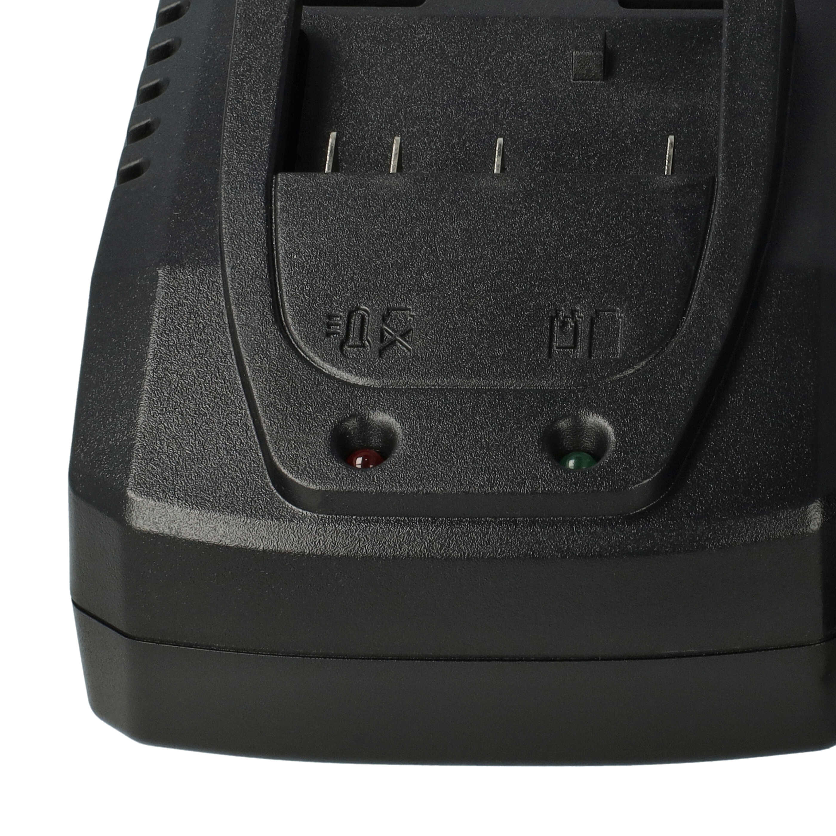 Schwarzes Batterieladegerät mit roten und grünen Kontrollleuchten. Es hat eine strukturierte Oberfläche und einen Steckplatz.