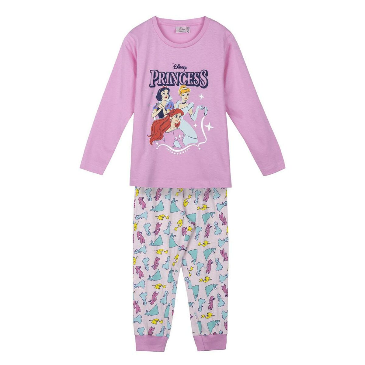 Rosa Disney Princess Schlafanzug. Oberteil mit Prinzessinnen-Grafik, lange Ärmel. Hose mit Prinzessinnen-Muster.