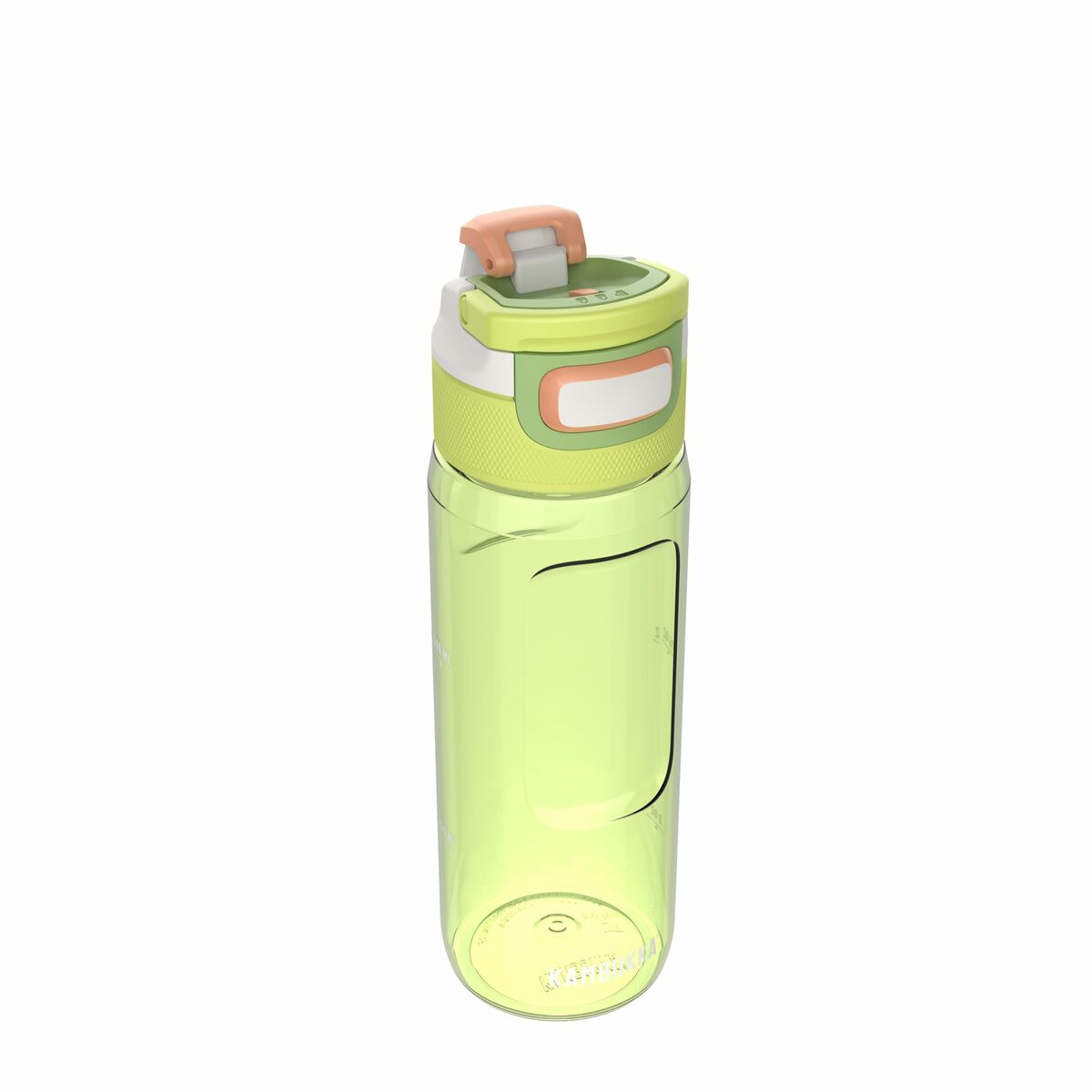 Eine grüne Wasserflasche mit hellorangenem Deckel. Die Flasche ist transparent. Der Deckel hat ein weißes und grünes Design.