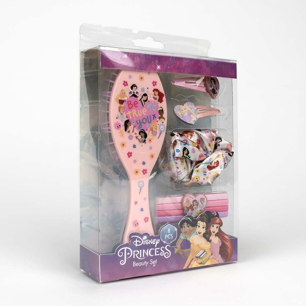 Disney Princess Beauty-Set in Klarsichtverpackung. Enthält eine rosa Bürste, Haarspangen und -bänder. Mit Prinzessinnenbildern.