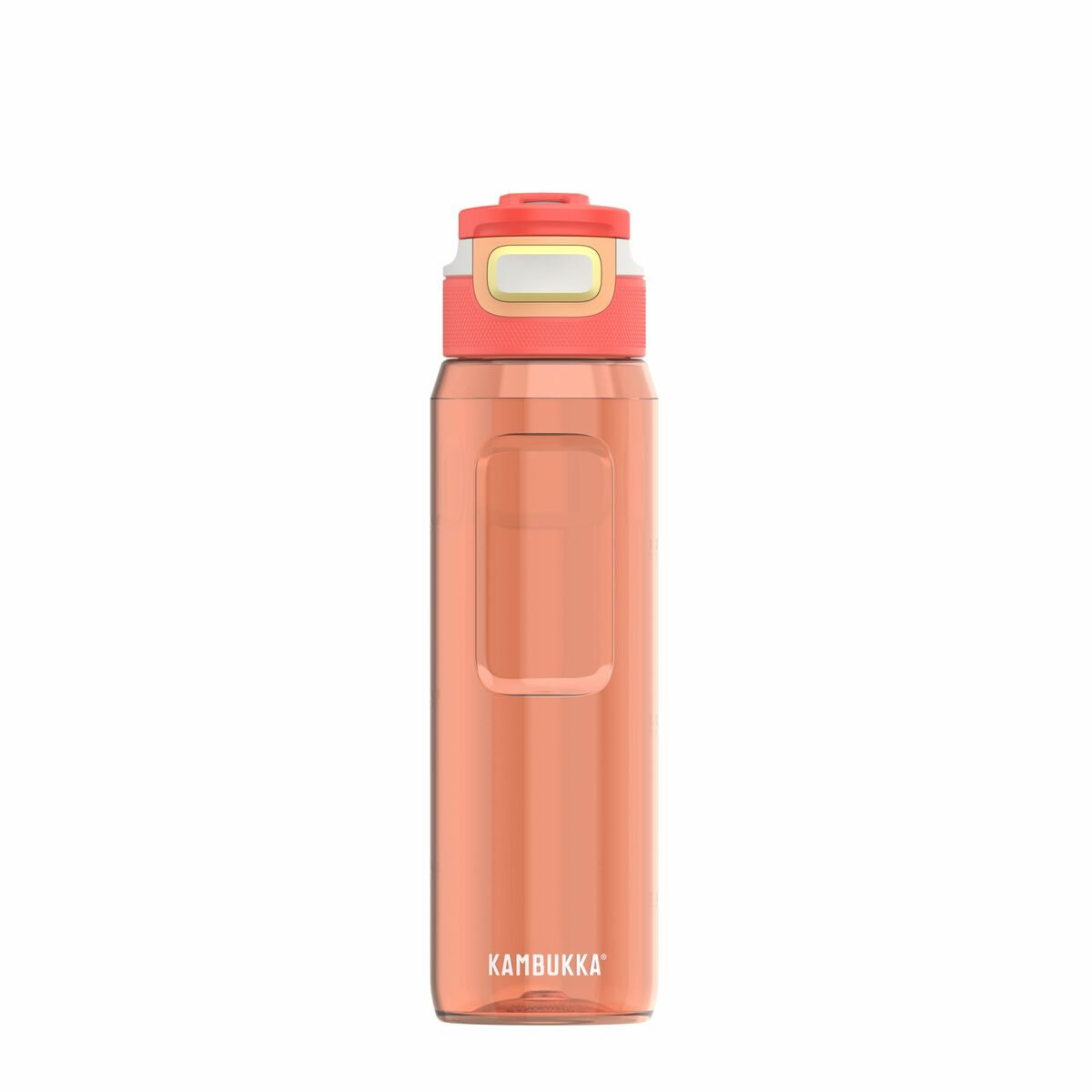 Eine klare, rosa Wasserflasche mit einem rosa-weißen Deckel. Der Markenname Kambukka ist auf der Flasche aufgedruckt. Der Hintergrund ist weiß.