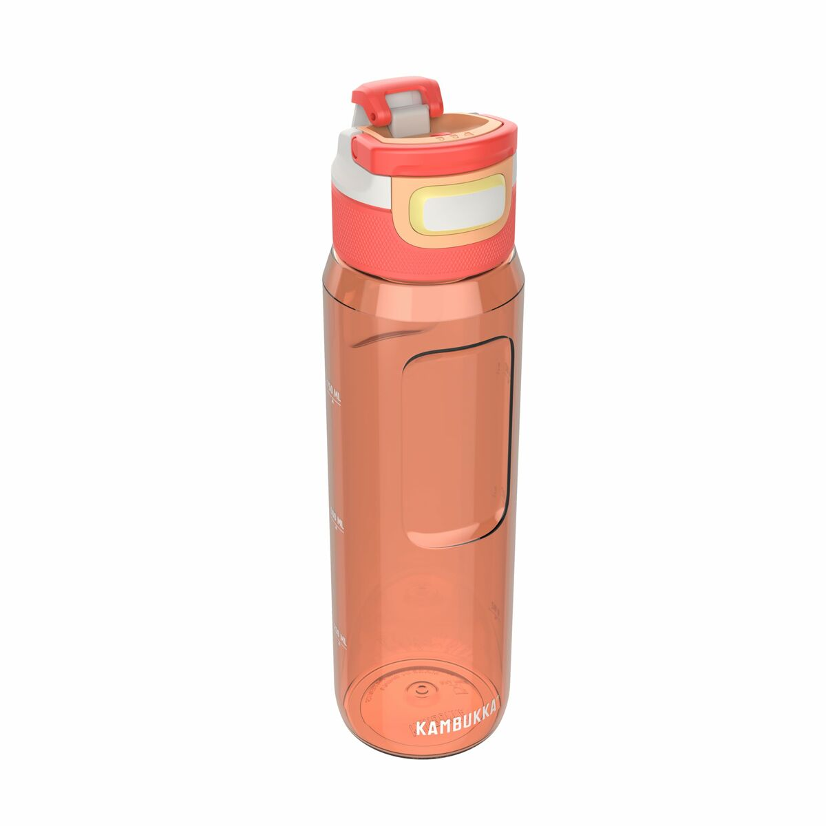 Eine durchscheinende orangefarbene Wasserflasche mit korallenfarbenem Deckel, weißen und gelben Akzenten. Auf der Flasche steht Kambukka.