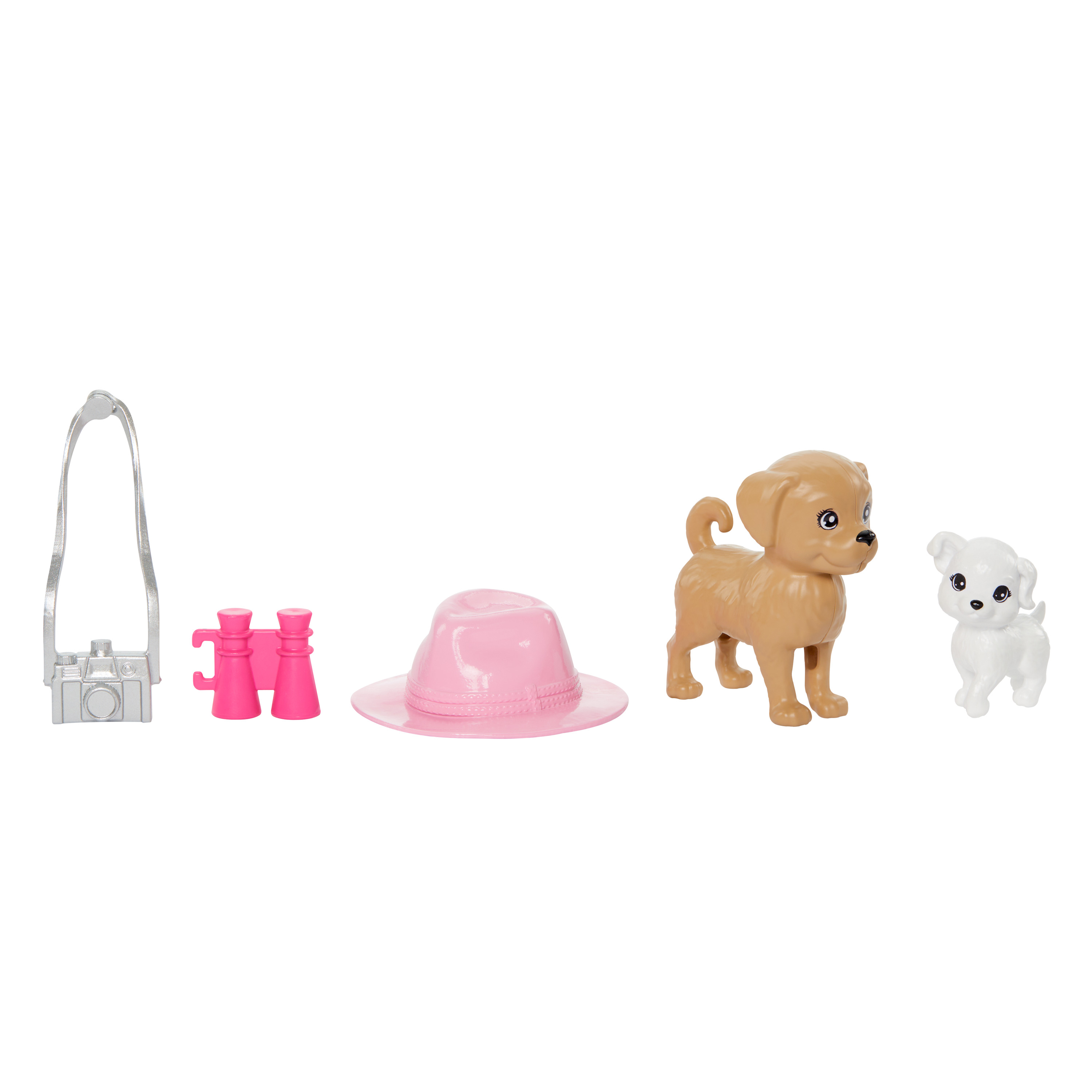 Obrazek przedstawia akcesoria do zabawy: aparat, lornetkę, kapelusz, dwa psy. Wszystko na białym tle.