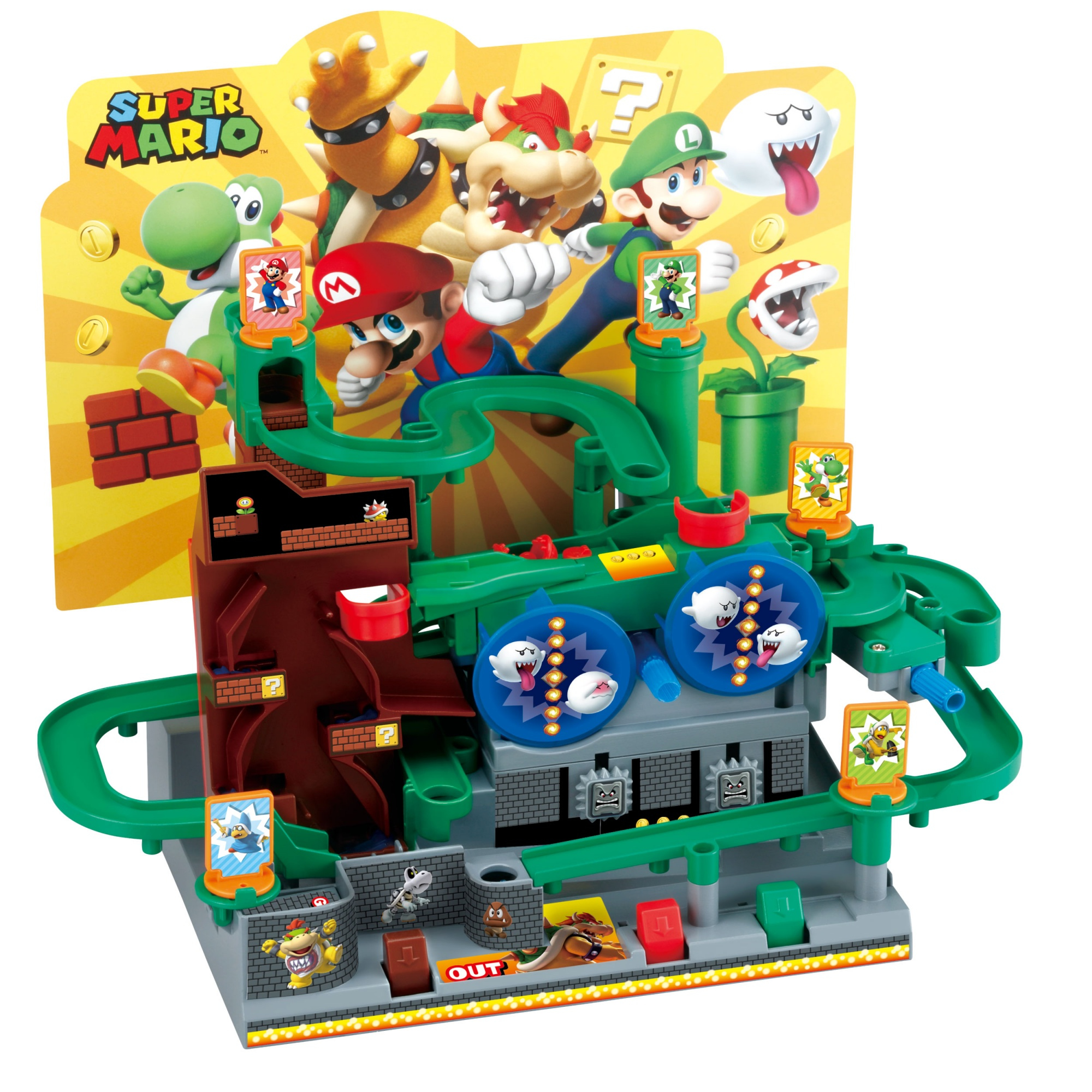 Ein Super Mario Spielzeug-Spielset. Es zeigt Mario, Luigi, Yoshi, Bowser und andere Charaktere mit einer grünen Strecke und Hindernissen.