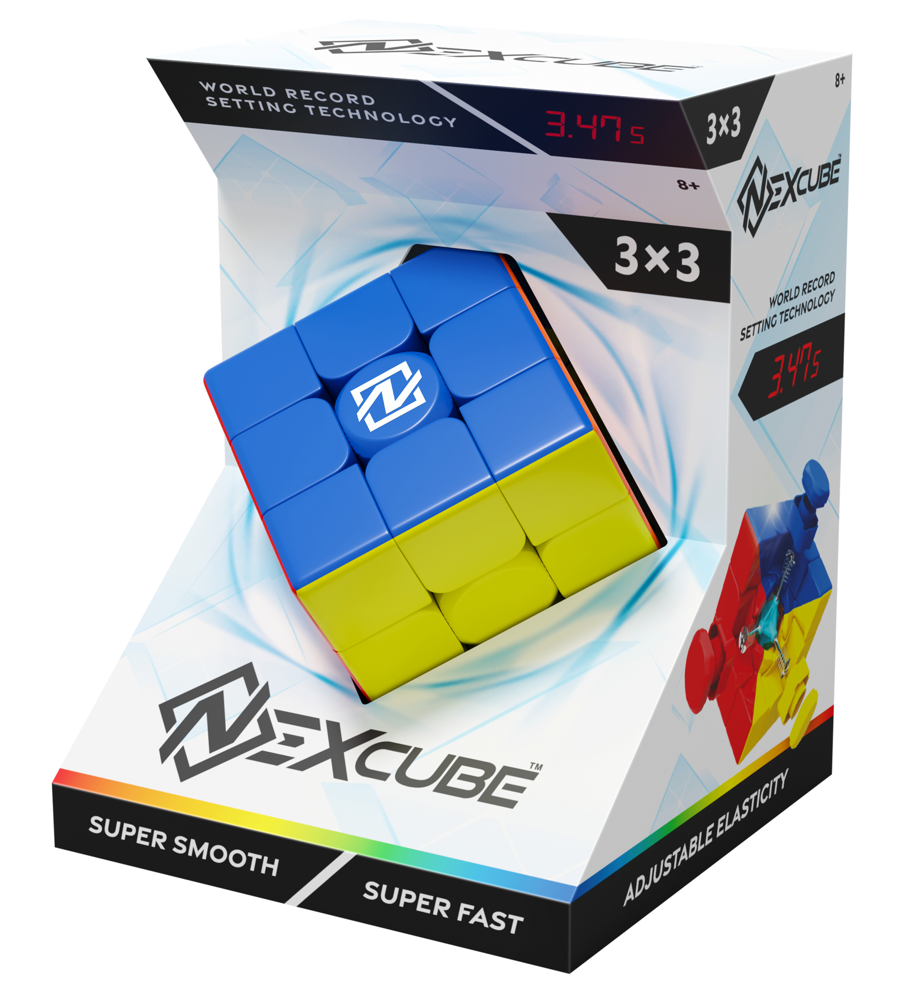 Puzzle Nexcube 3x3 w pudełku, z niebieskimi i żółtymi bokami. Pudełko zawiera szczegóły takie jak 'Super Smooth' i '3.47s'.