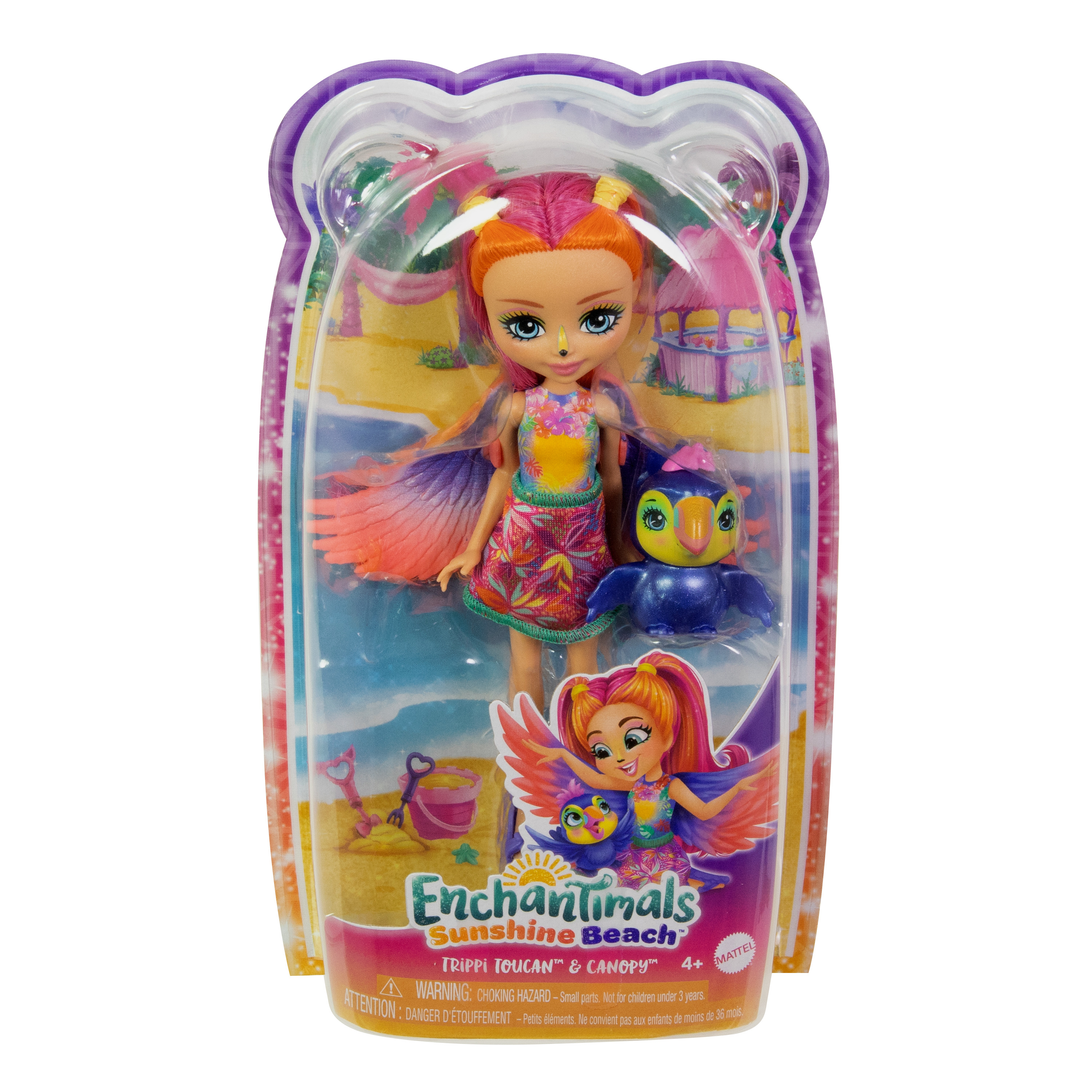 Un juego de muñecas Enchantimals empaquetado. Presenta una muñeca con alas temáticas de tucán y una figura de tucán azul. El embalaje es de plástico transparente.