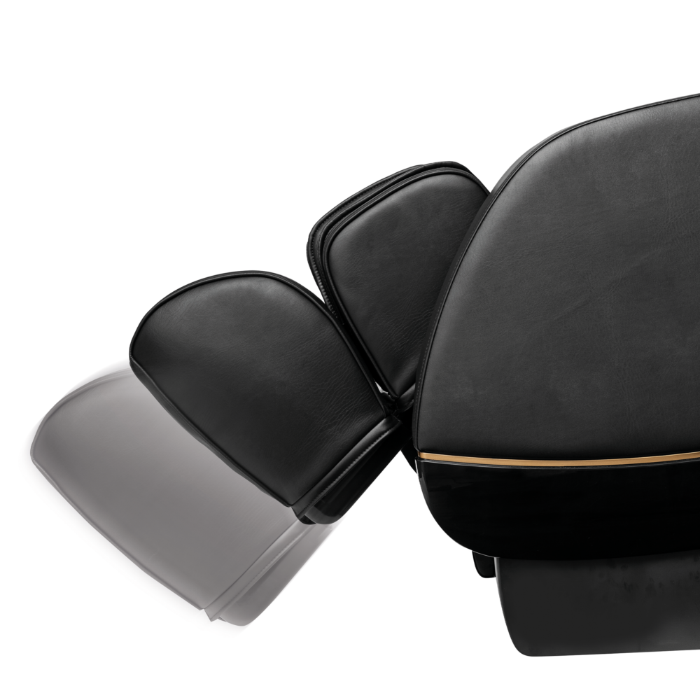 Close-up of a black leather massage chair. The headrest and armrests are visible. The chair is on a white background.