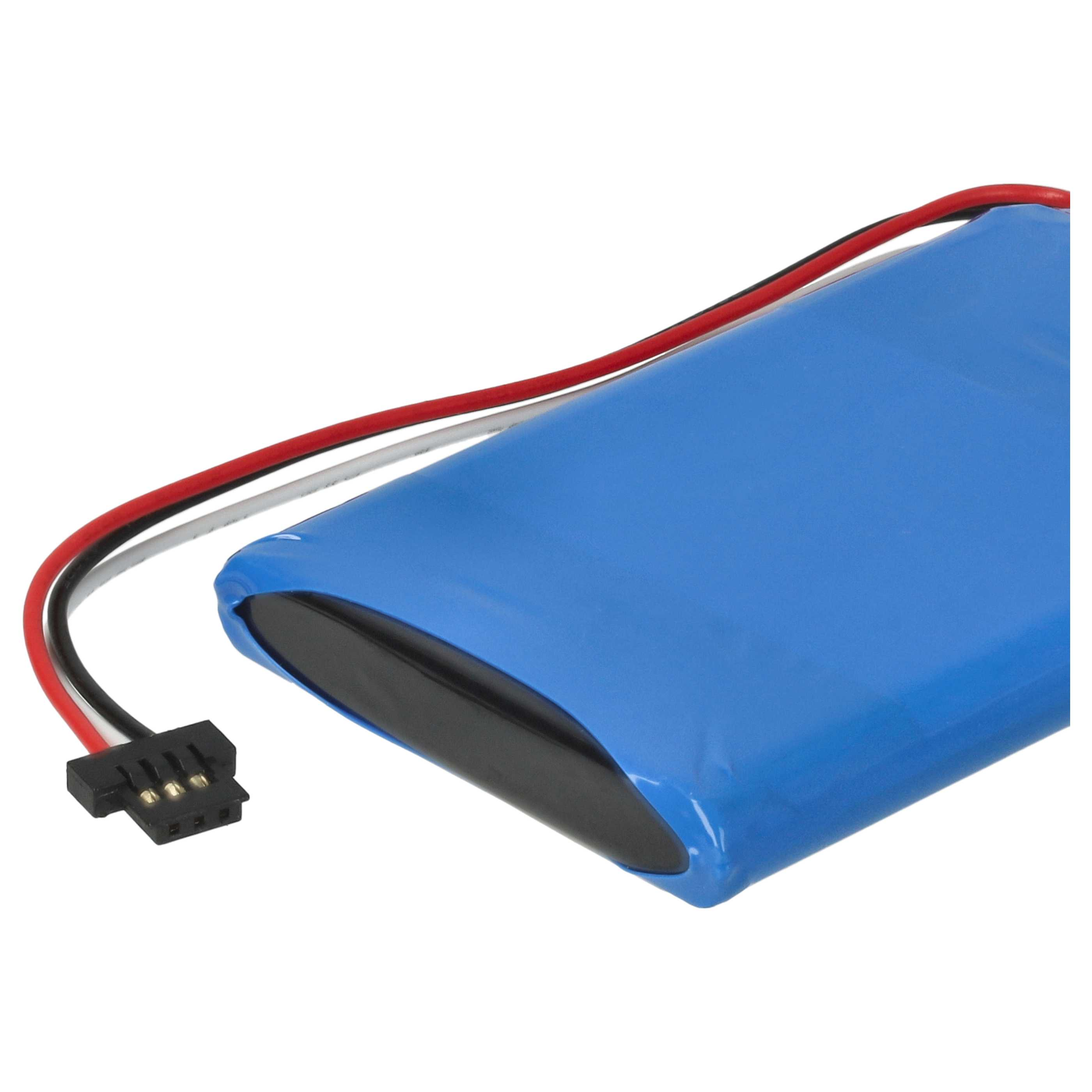 Ein blauer Akku mit schwarzen und roten Drähten und einem schwarzen Stecker auf weißem Hintergrund.