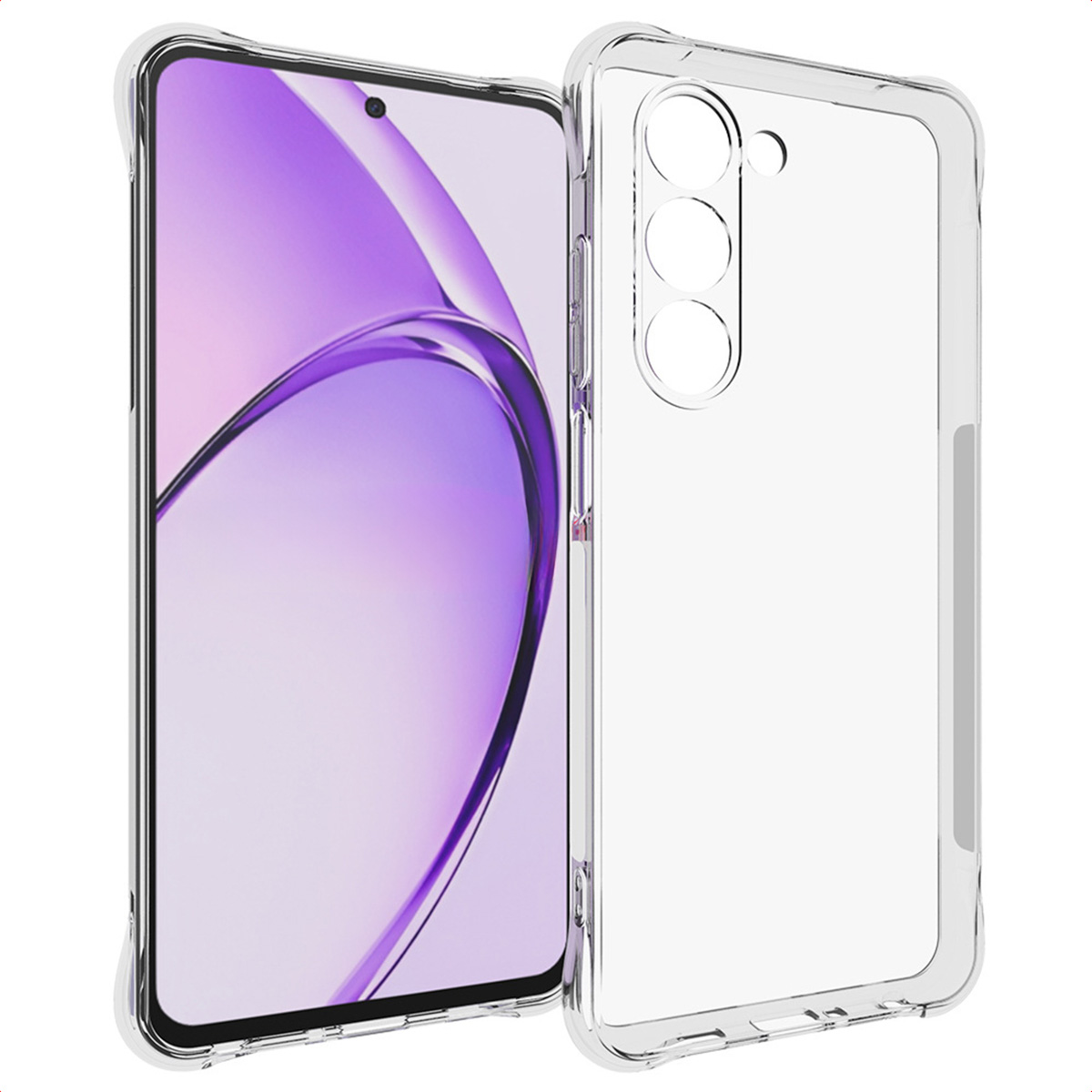 Transparante telefoonhoes naast een telefoon met een paars scherm. Hoesje heeft uitsparingen voor camera. Witte achtergrond.