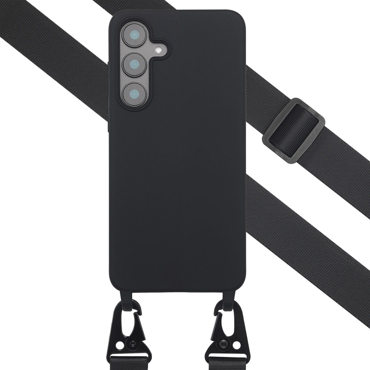 Coque de téléphone noire avec une sangle. L'étui a trois objectifs d'appareil photo. La sangle est noire, avec une boucle noire.