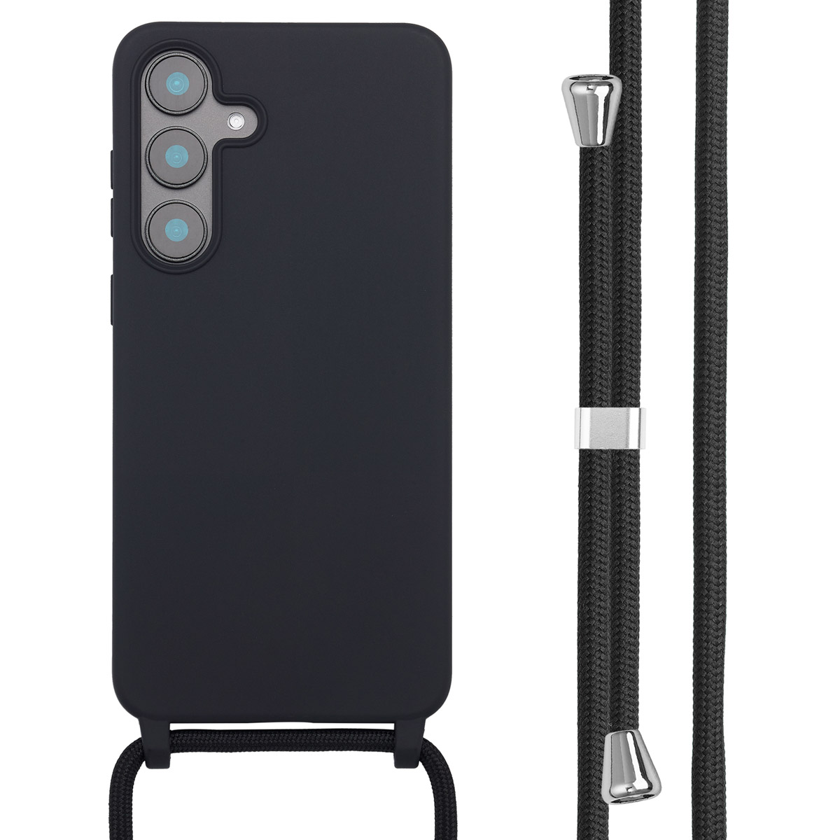 Zwarte telefoonhoes met band. De hoes heeft cameralenzen. De band is zwart met zilveren metalen details.