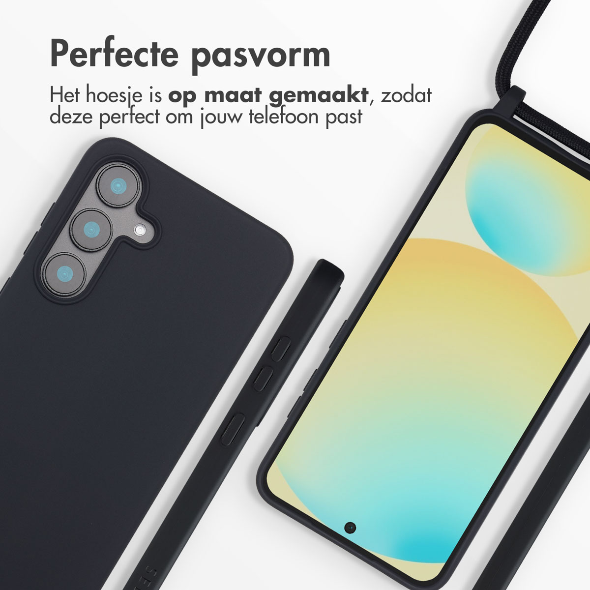 Een zwarte telefoonhoes en een telefoon met geel-blauw scherm. De hoes heeft een perfecte pasvorm, met knoppen.