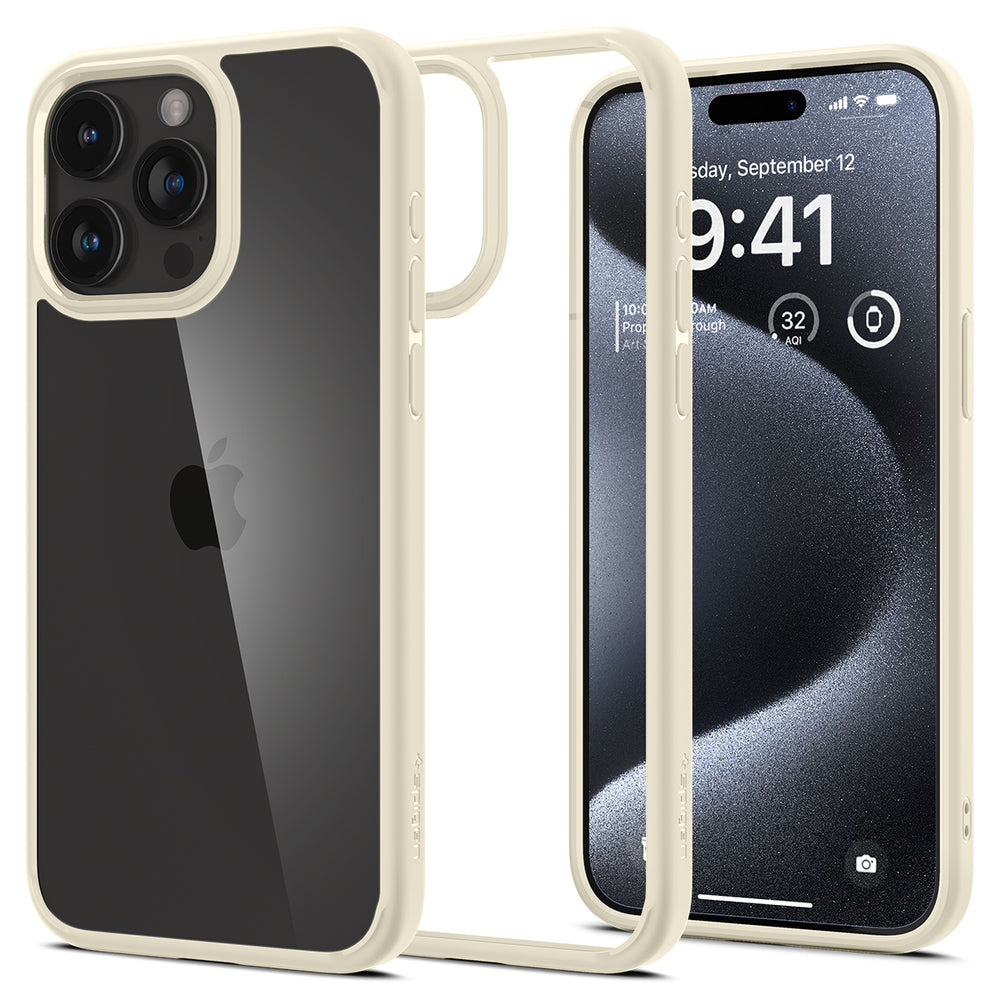 Un iPhone con una custodia trasparente è mostrato. Il telefono mostra data, ora e varie icone. La custodia è beige.