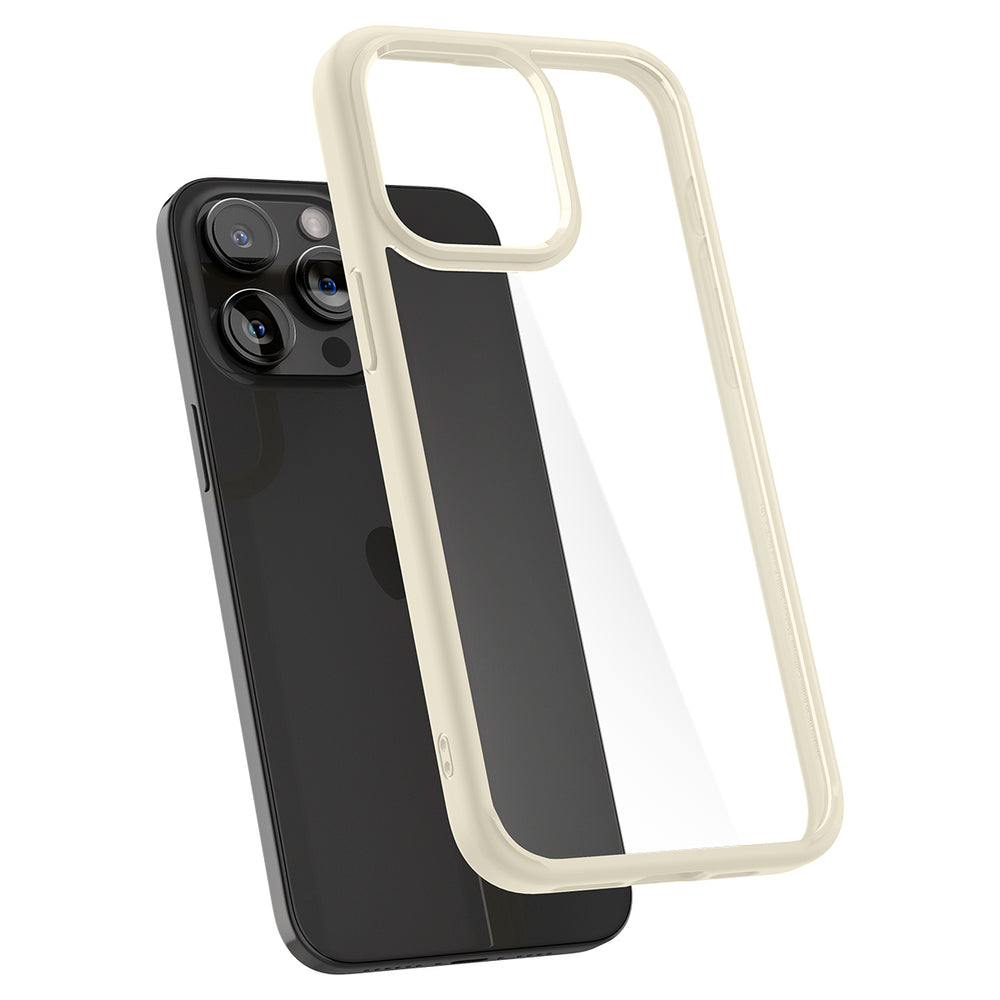 Uno smartphone nero con una custodia trasparente e color crema. La custodia è parzialmente staccata.